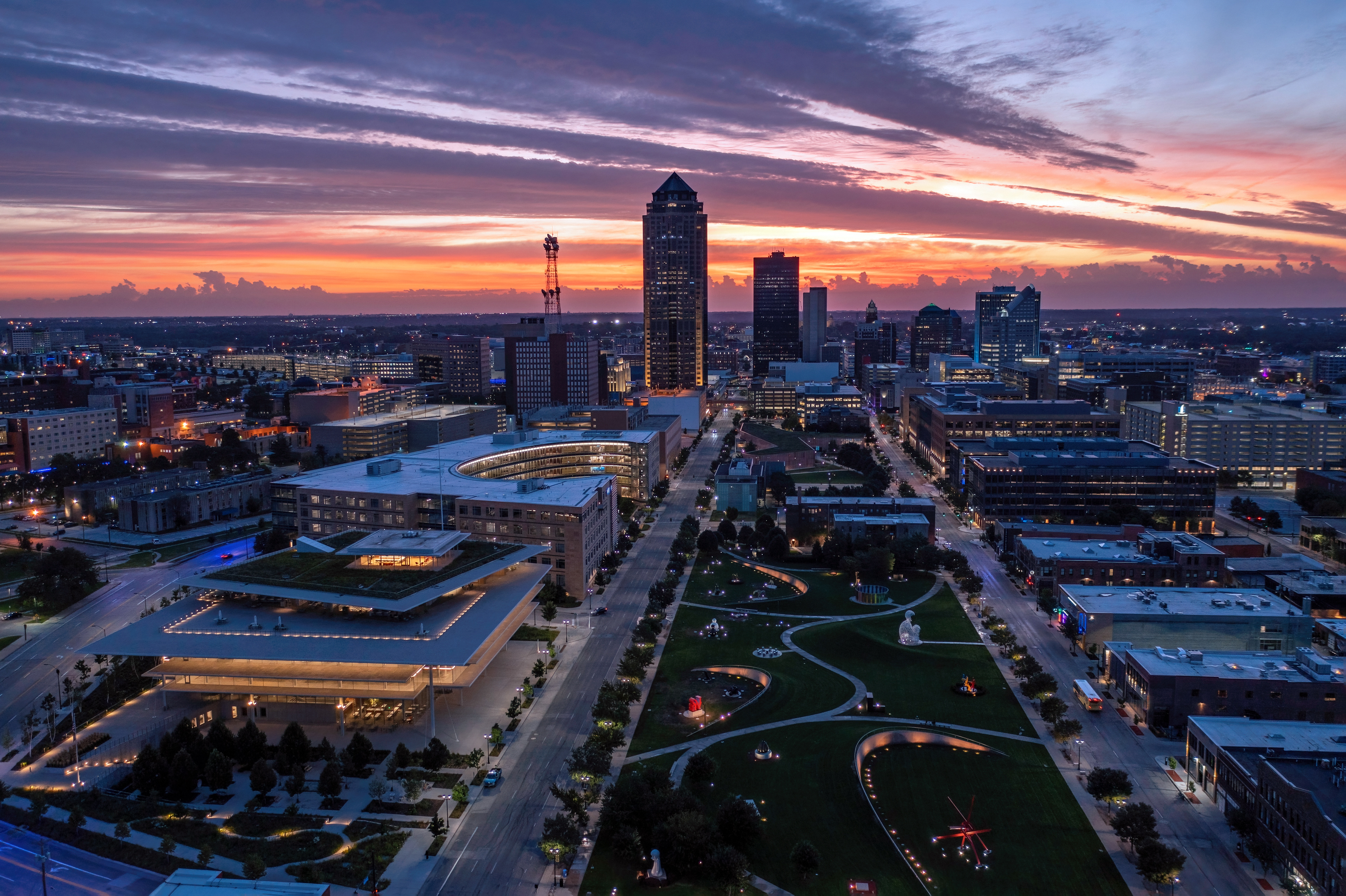 Aerial of the Pappajohn Sculpture Garden and Skyline at Sunrise