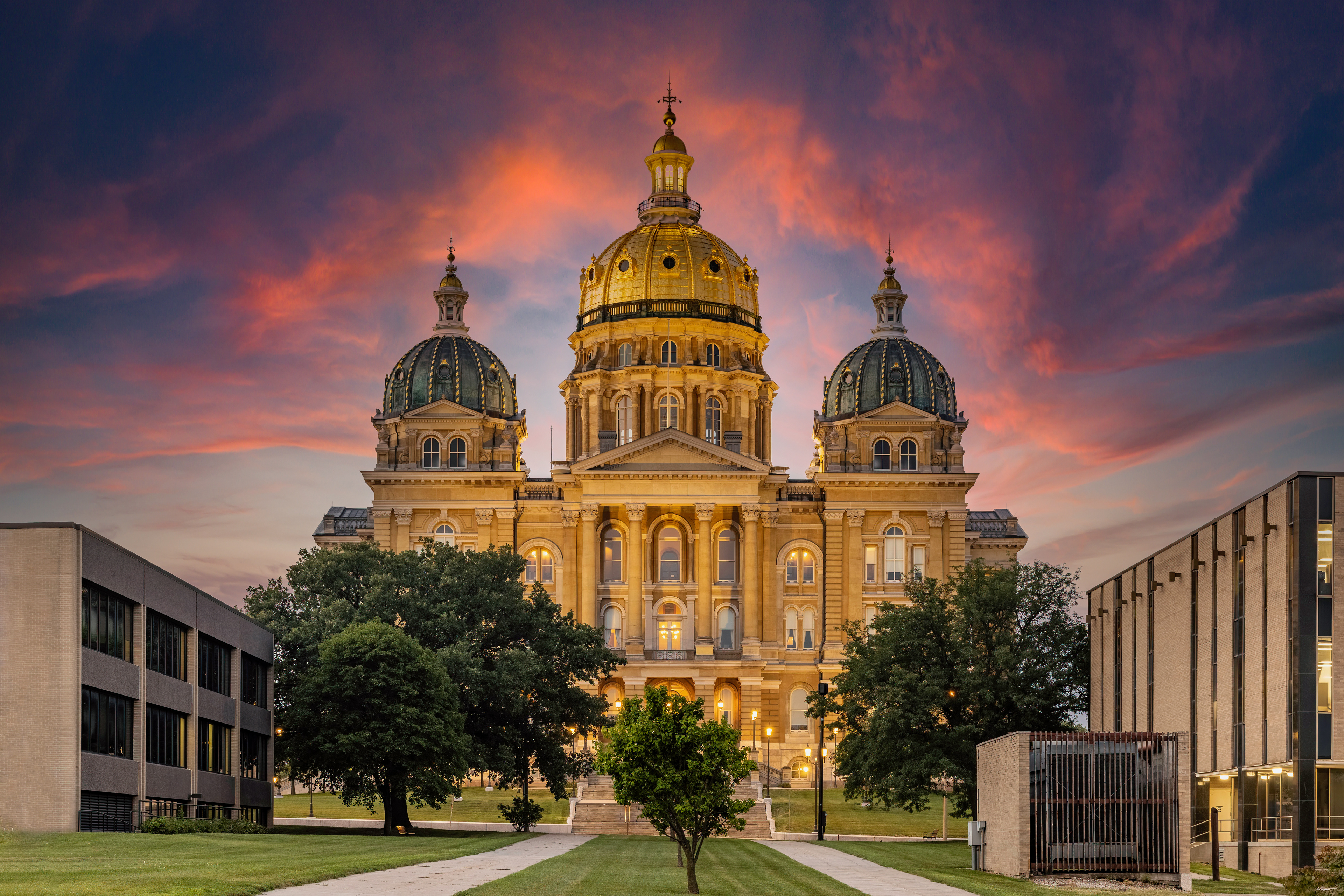 View of the Iowa State Capitol from the North at Sunset