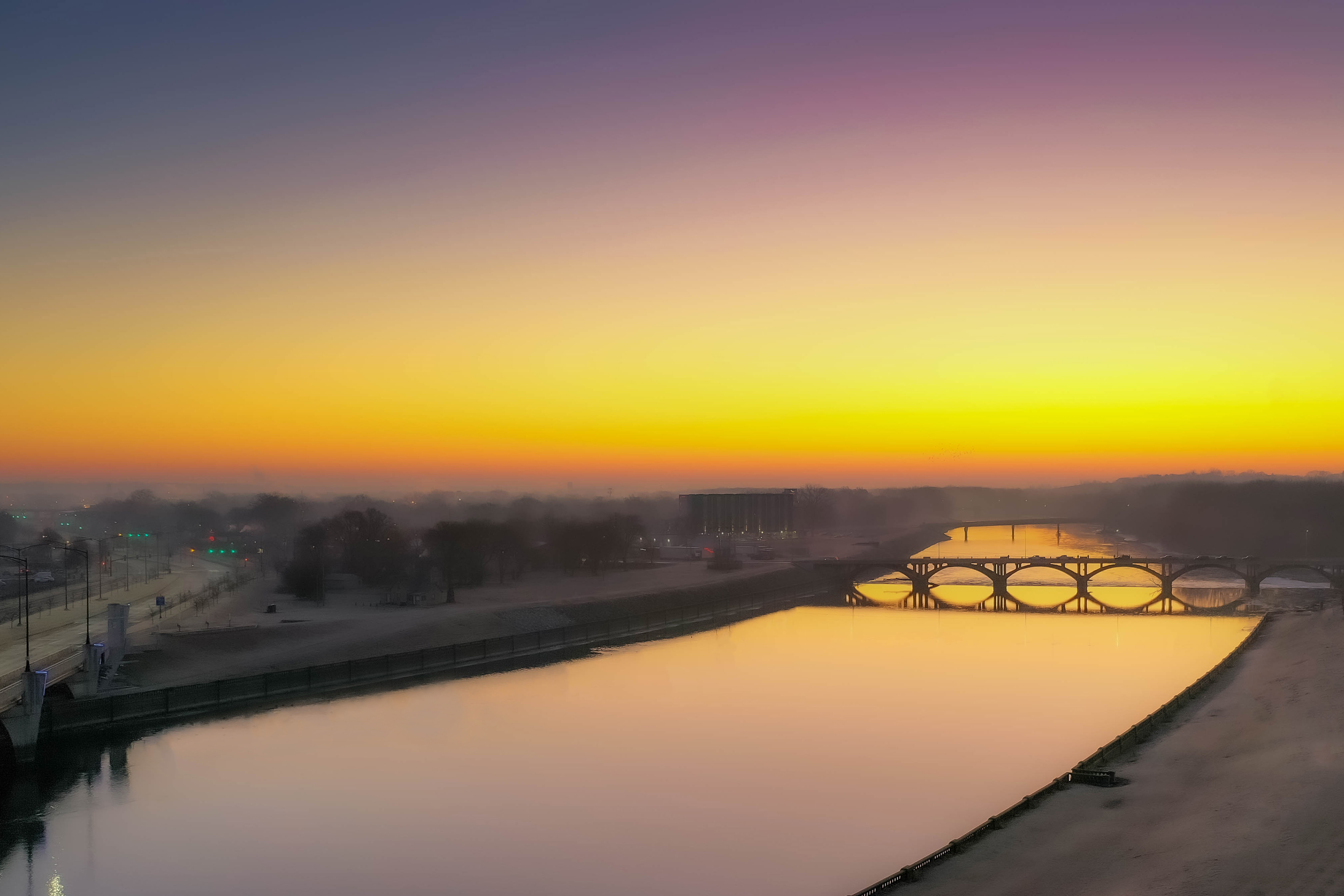 Peaceful Sunrise Aerial of the Des Moines River