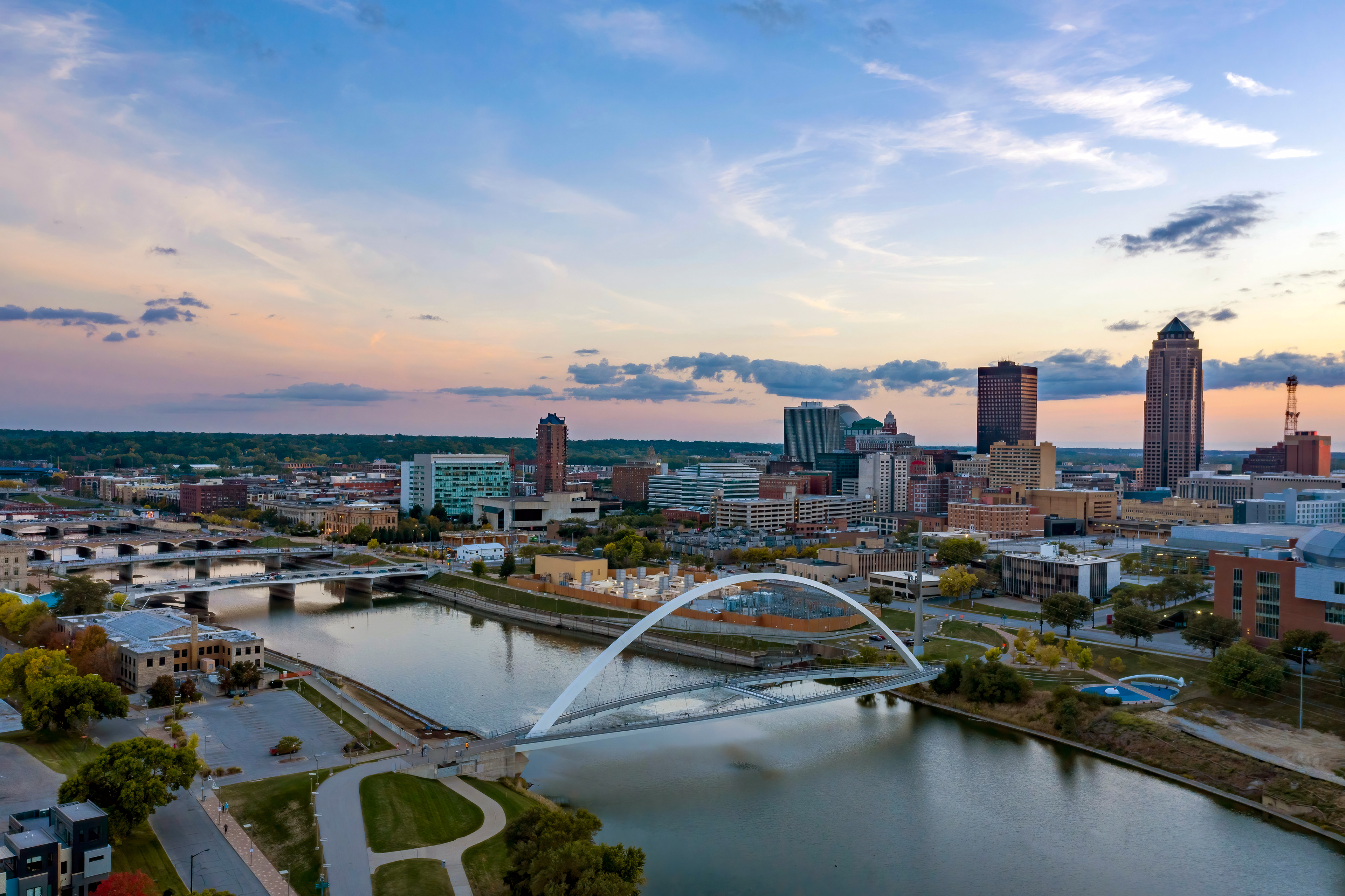 Aerial of Des Moines River Bridges at Sunset