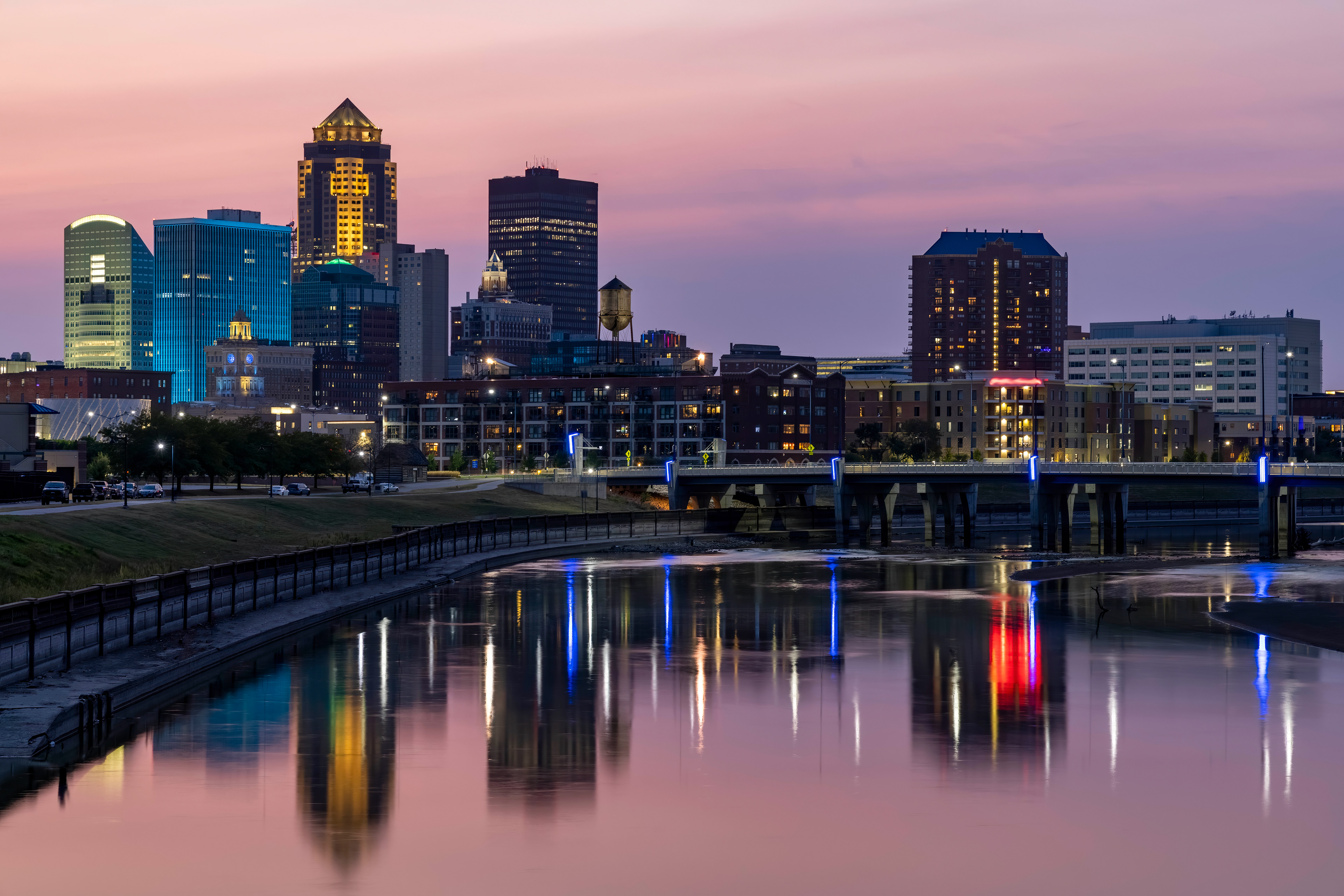 Skyline Reflections in the River at Sunset