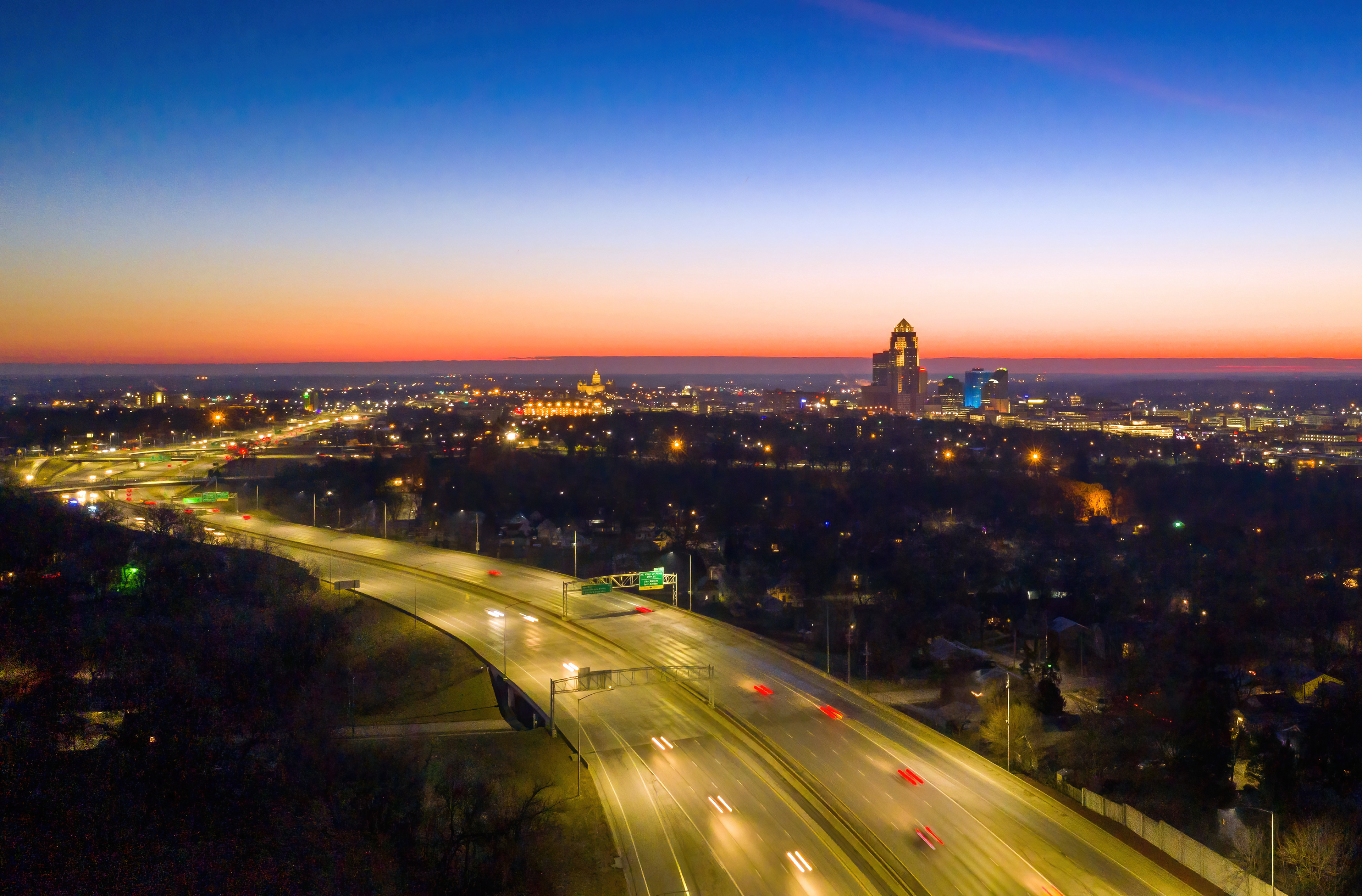 Aerial of I-235 and Skyline at Sunset