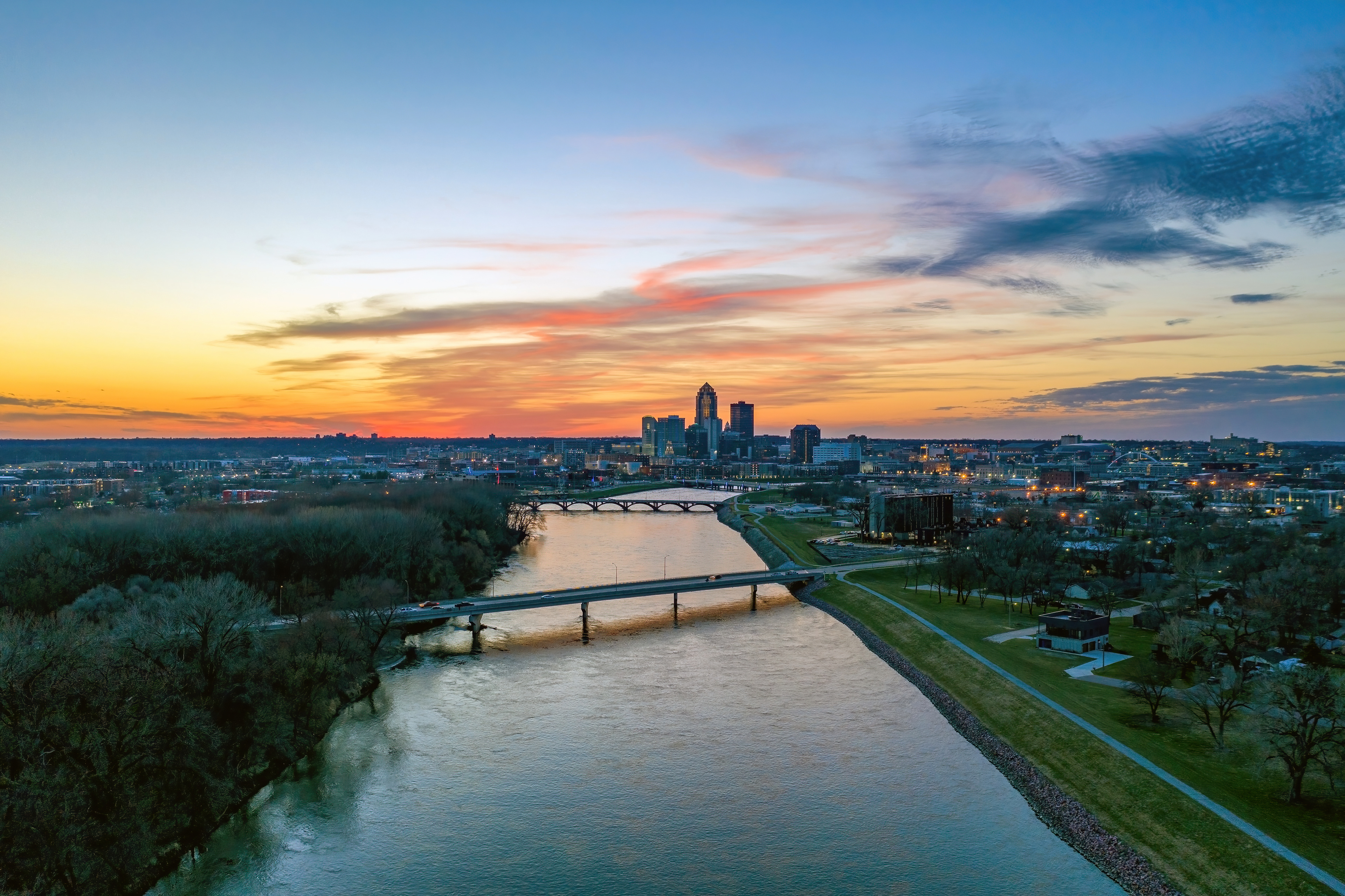 Distant Aerial View of the Downton Skyline at Sunset