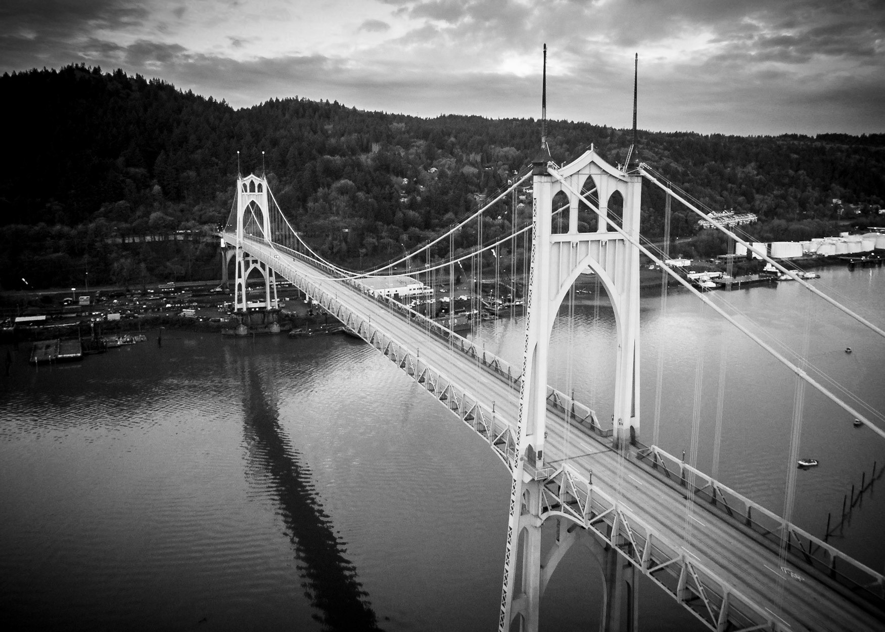 An aerial shot of the St. Johns Bridge in Portland, Oregon.