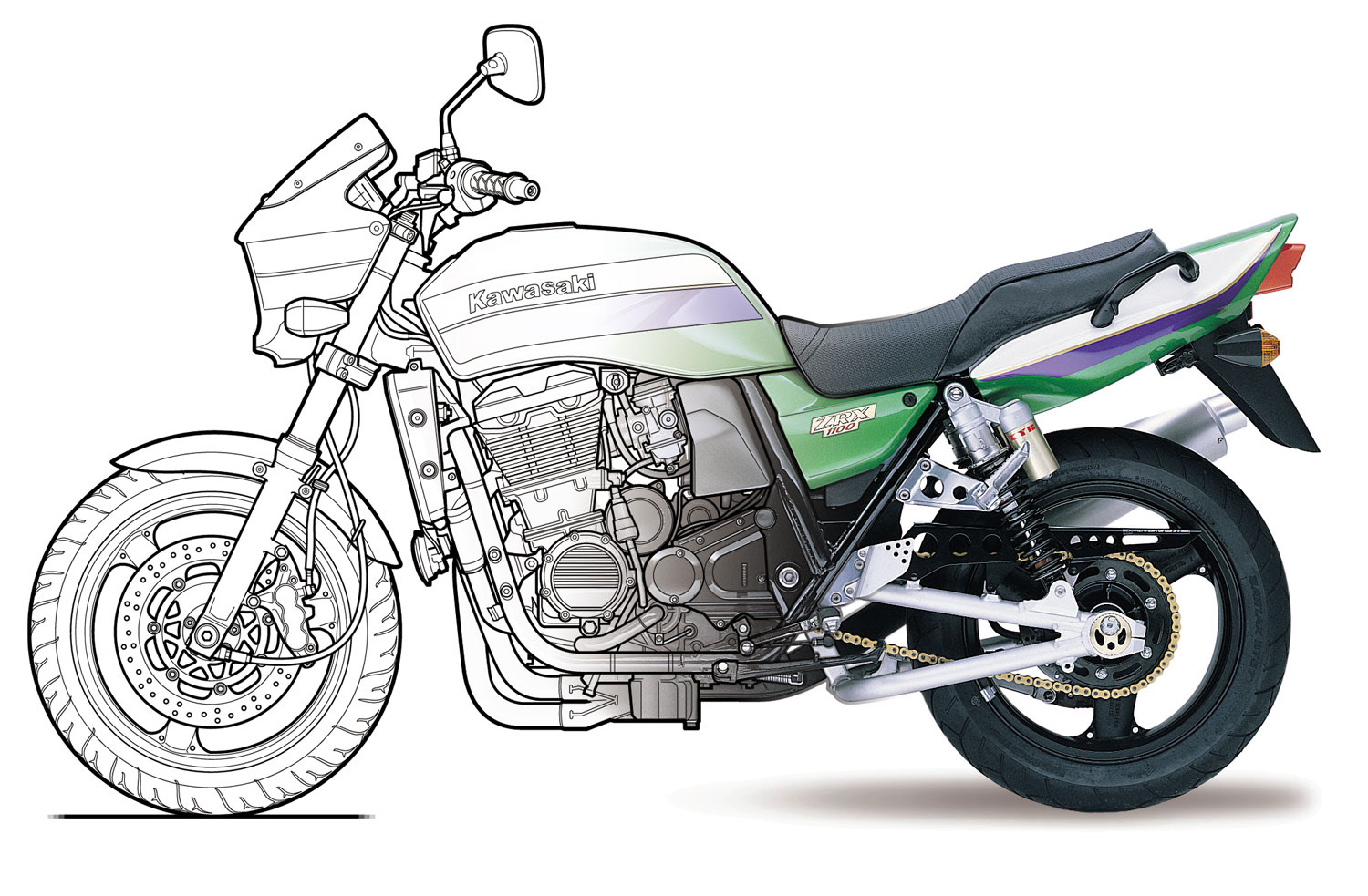 Kawasaki ZRX-1100 linework blend with studio image