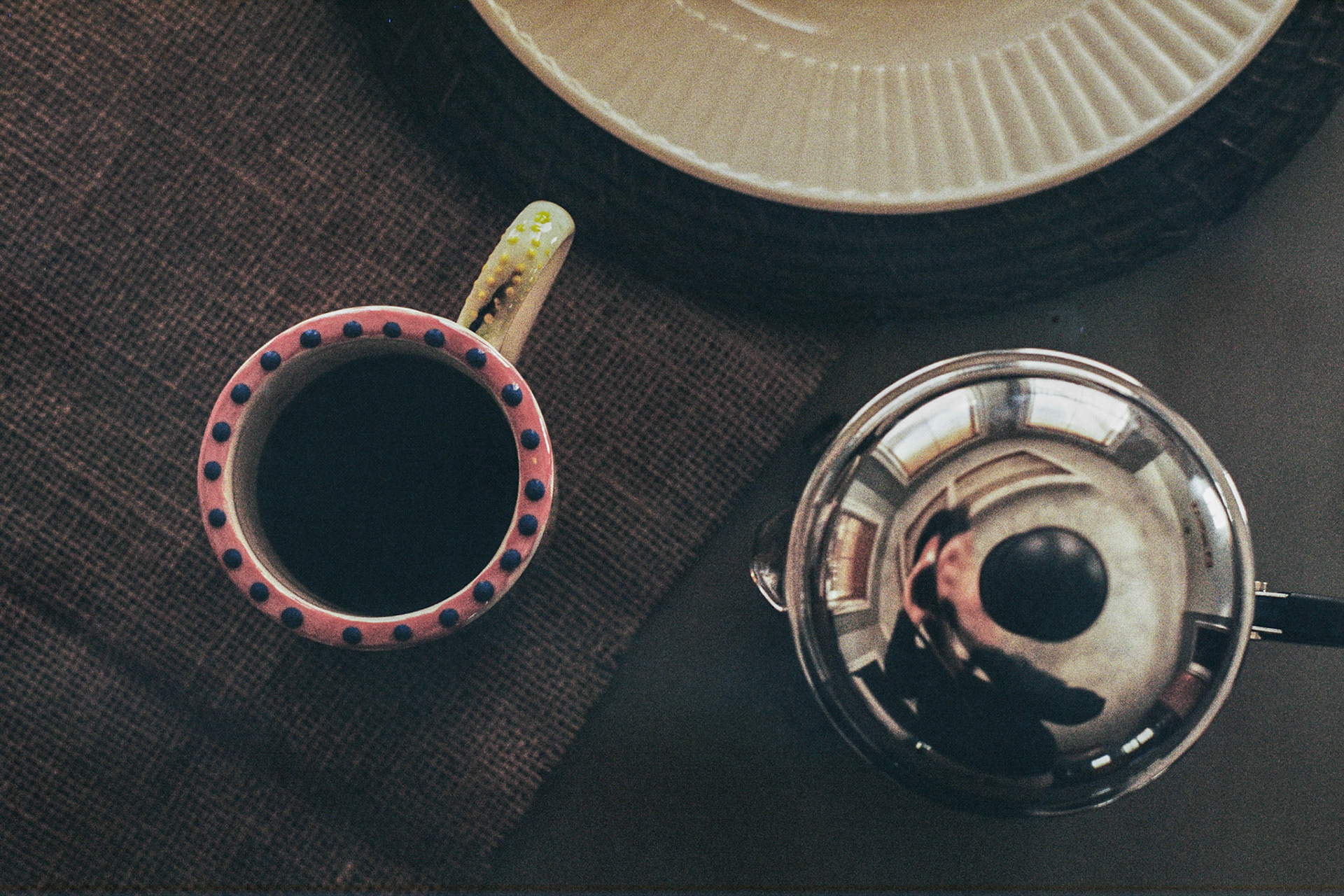 Aerial of a fresh brewed french press.