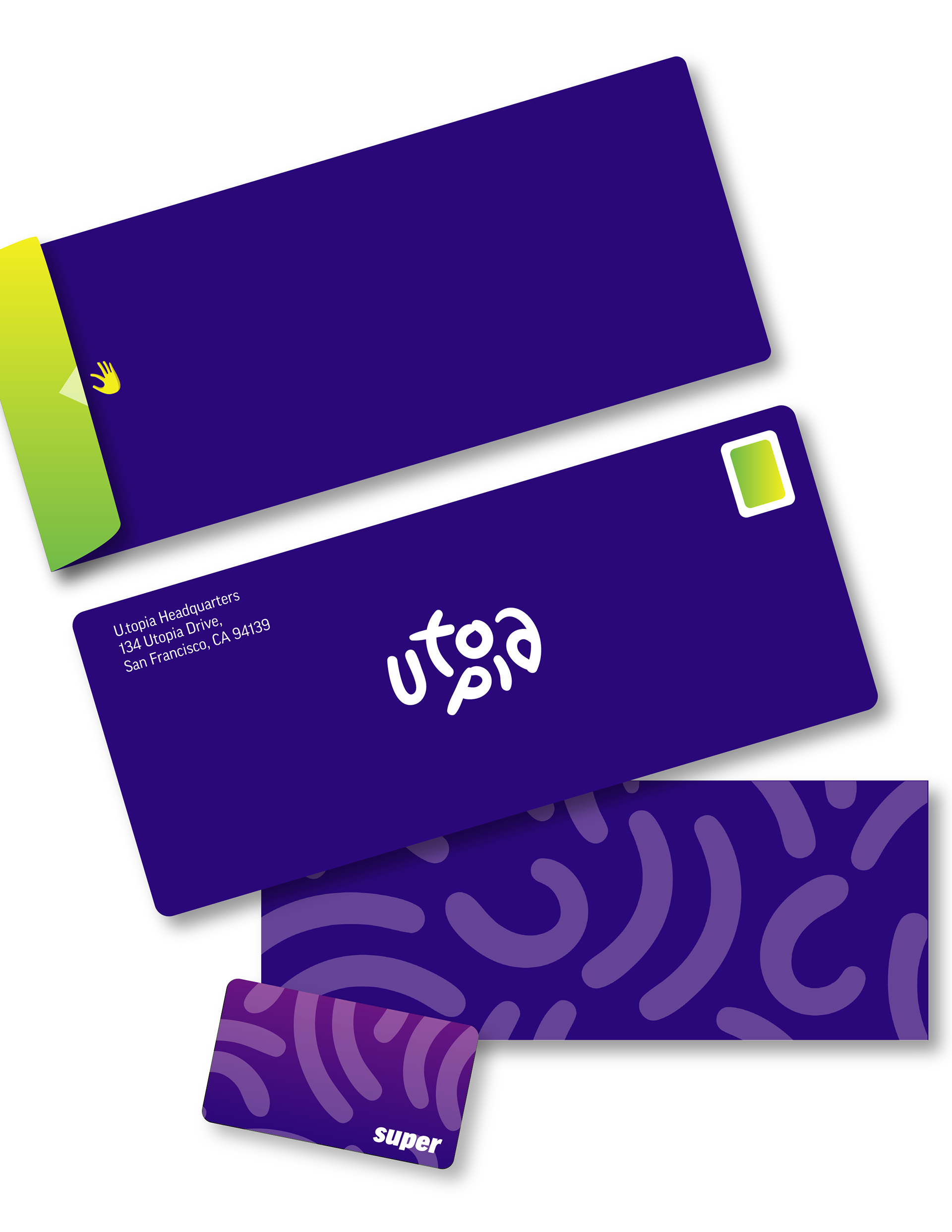 Official stationary mockup for U.topia (letter, envelope, official User card)