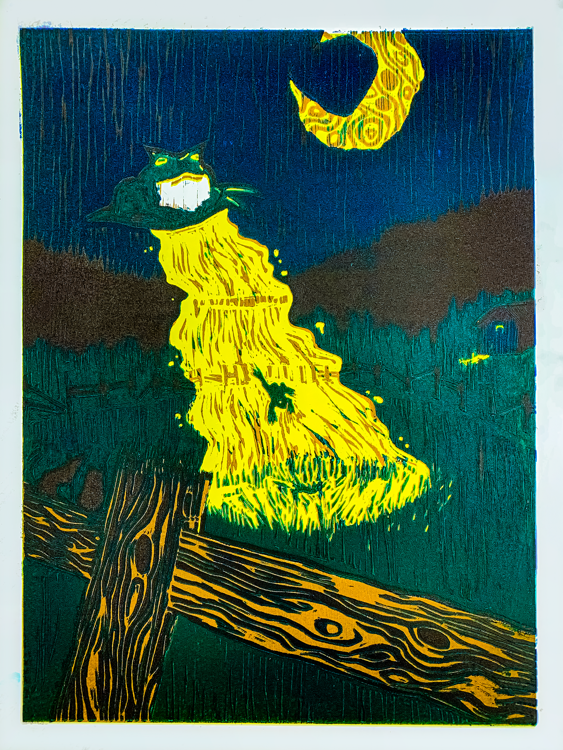 "U.F.T." 5 Color Reductive Woodcut Print