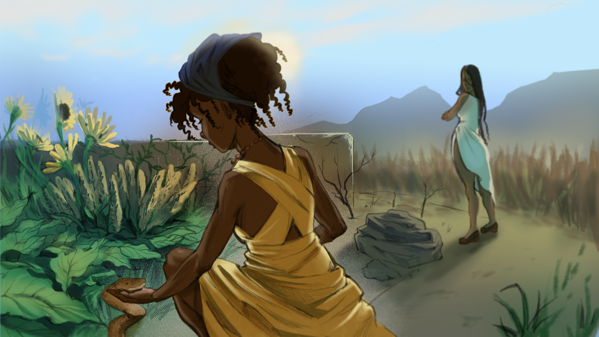 an illustration inspired by Mufaro's Beautiful Daughters by John Steptoe