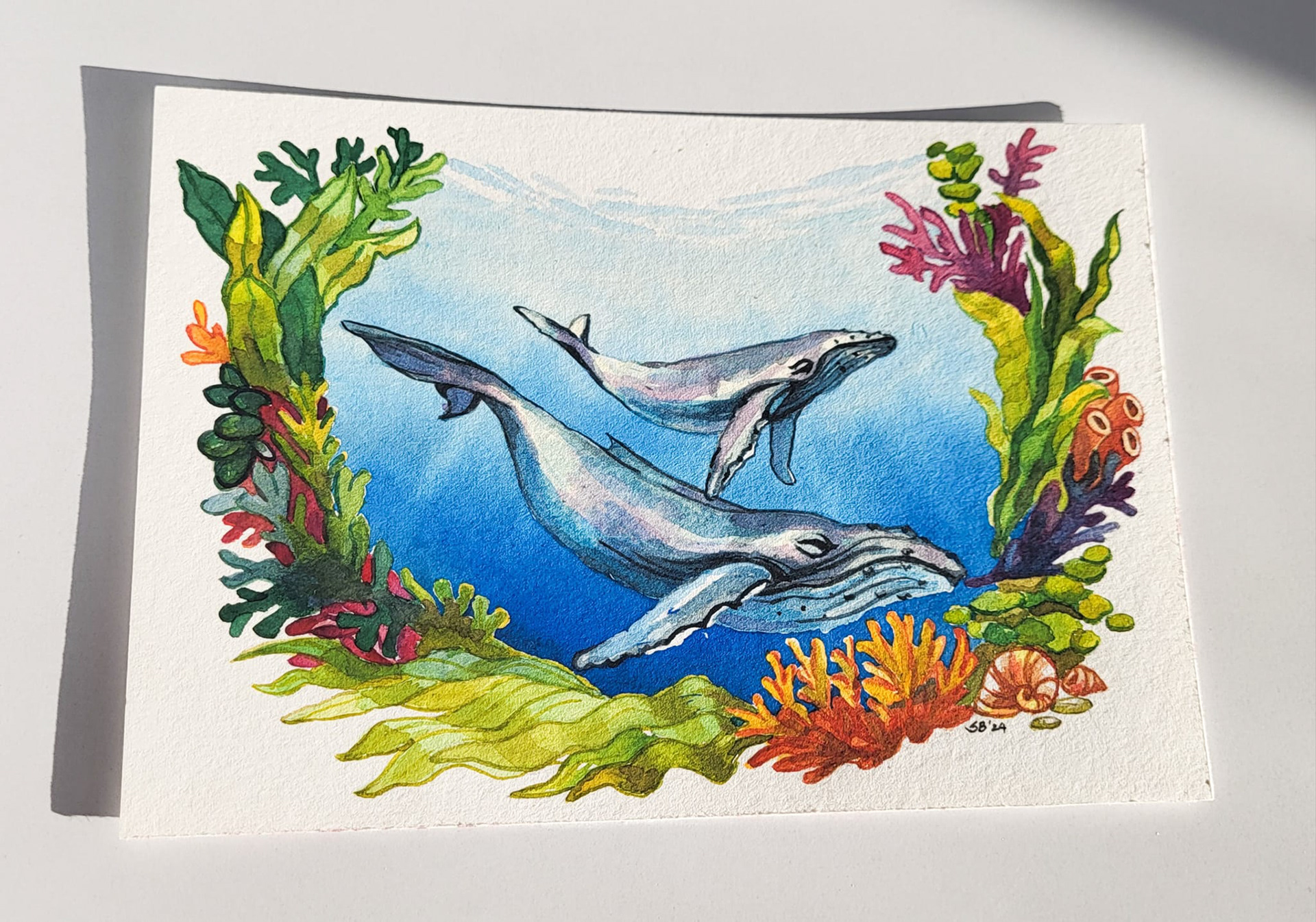 Humpback whales in watercolor 5x7