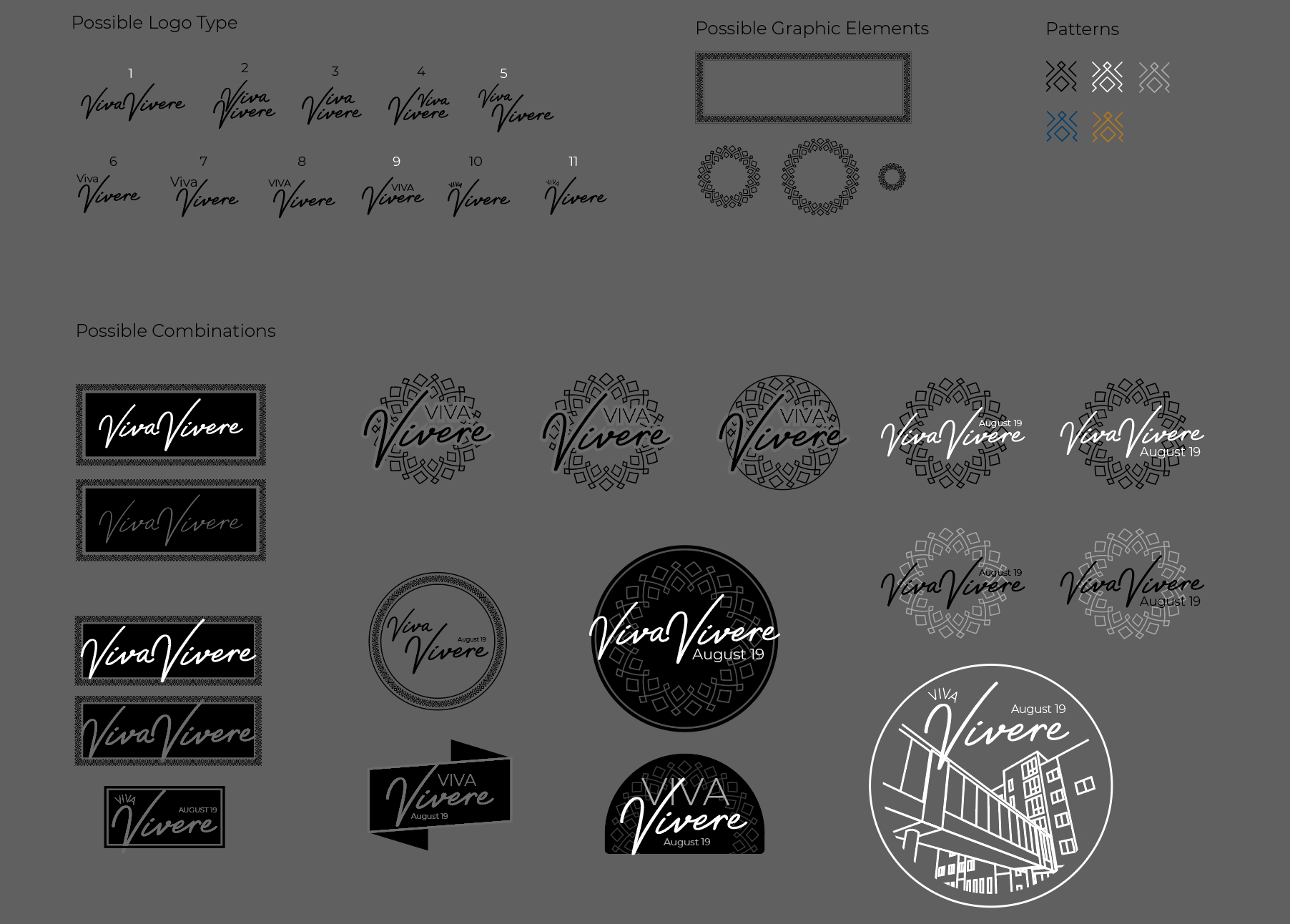 I started with arrangement of the logo type, graphic elements, and patterns; then moved on to combinations working quickly to keep ideas flowing. I usually work in black and white first for logos to keep them simple and ensure good contrast and readability.