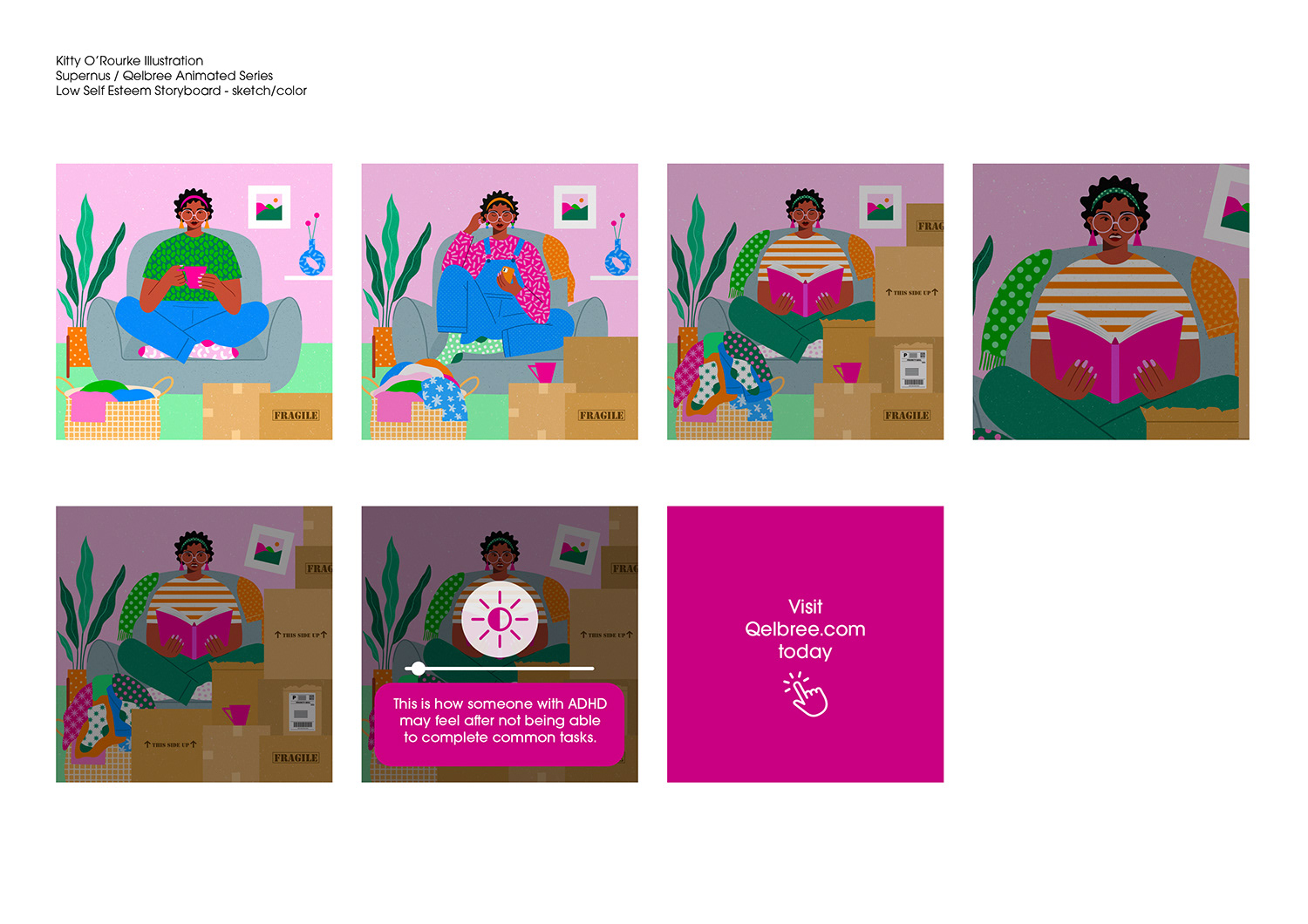 Storyboard for Supenus Qelbree Pharmaceutical. Snapchat animations. Aimed at young adults with a ADHD diagnosis.