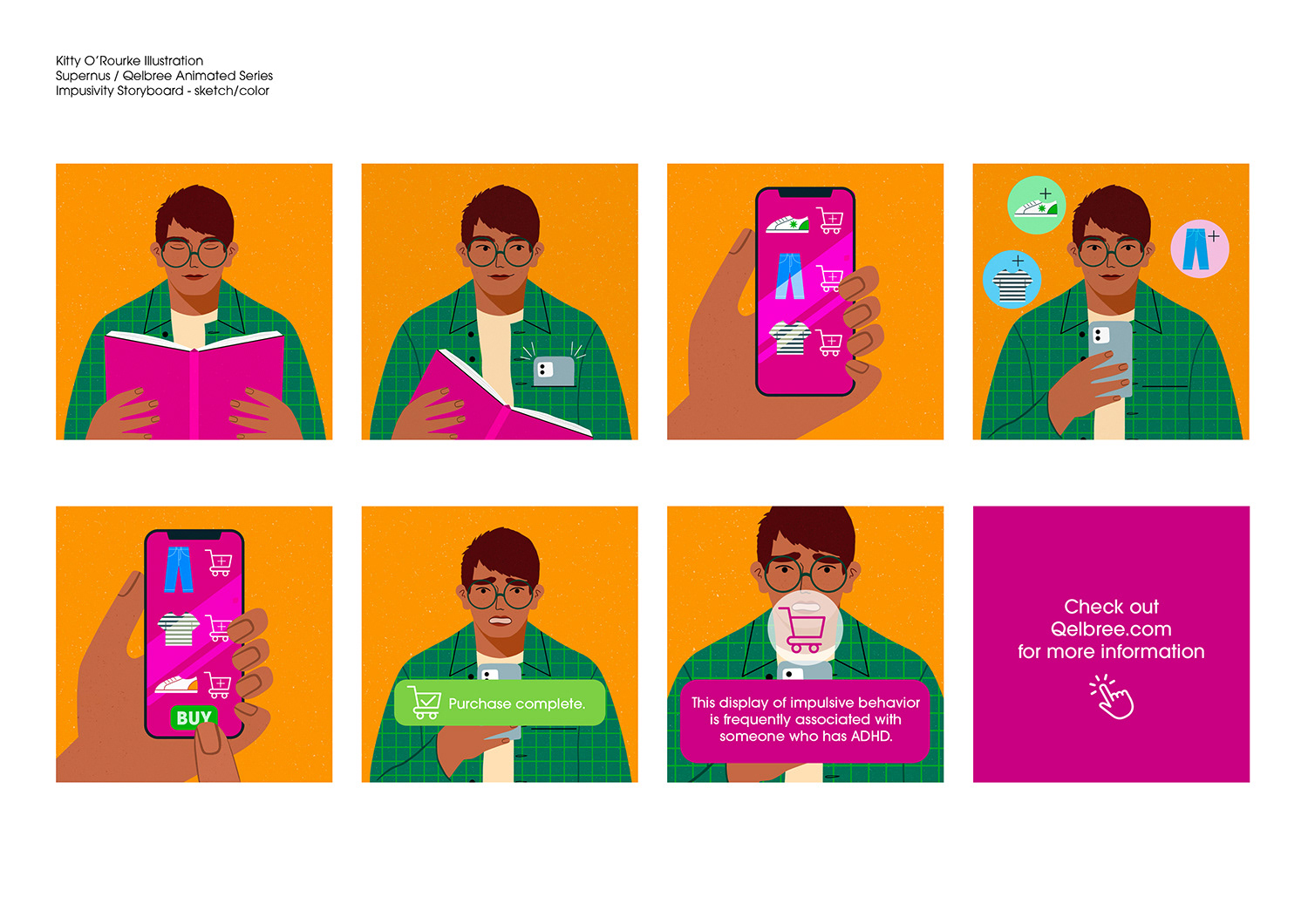 Storyboard for Supenus Qelbree Pharmaceutical. Snapchat animations. Aimed at young adults with a ADHD diagnosis.