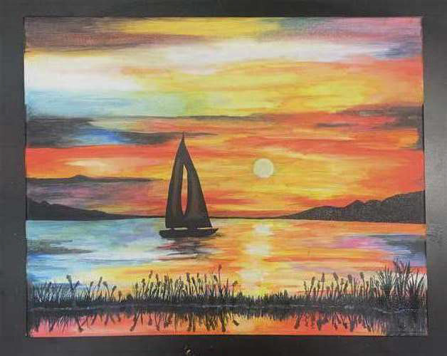 Reyna Verma, Hathaway Brown School, Grade 8, The Sunset and Boat, Painting, Educator: Melissa Nilsen, Silver Key