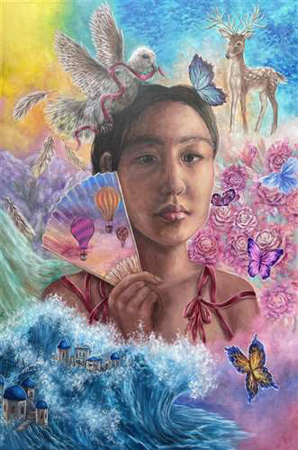 Abigail Xiong, Solon High School, Grade 9, Blossoming Girl, Painting, Educator: Lindsay Trutza, Honorable Mention