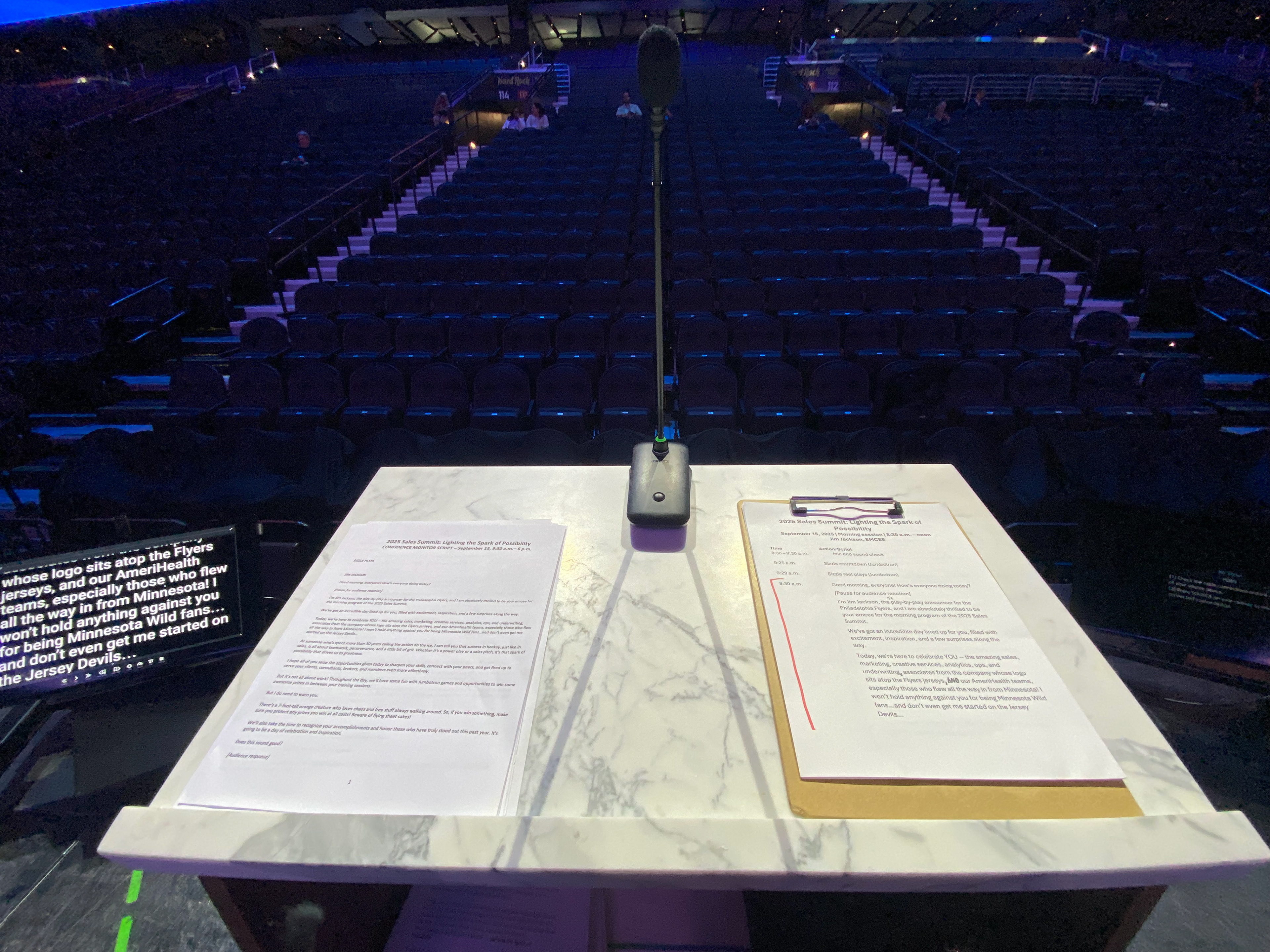 Podium lighting, audio, and video for an arena