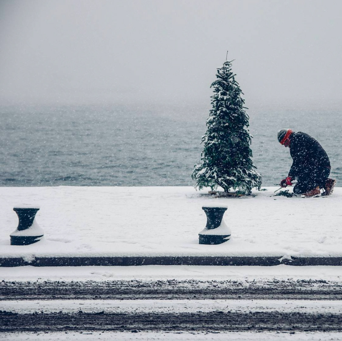 A person dressed warmly, kneeling beside a small Christmas tree on a snow-covered promenade by the sea during snowfall.