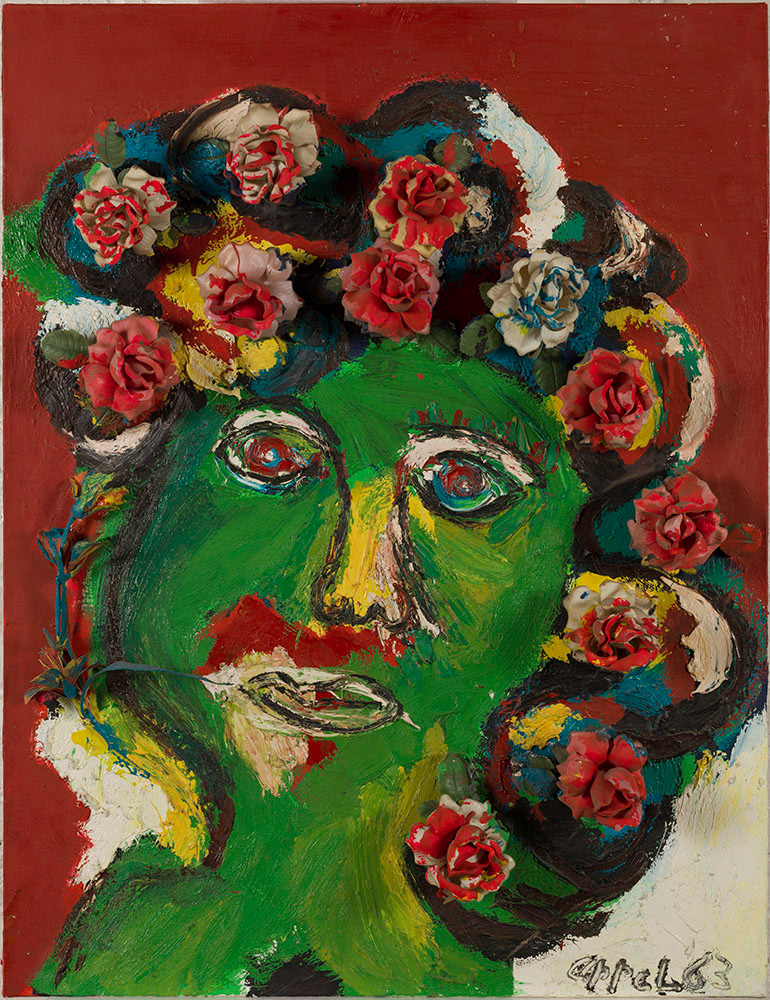 APPEL Karel. Woman with Flowers n°4. Fleurs en plastique et huile sur toile. 1963. Paris, musée d'Art moderne. © Julien Vidal / Roger-Viollet