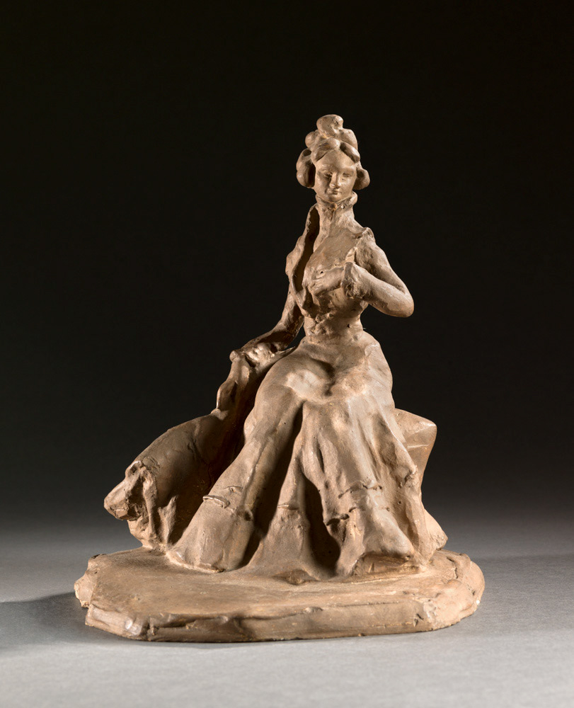 Dejean, Louis. "Jeune femme en robe décolletée sur un tabouret". Plâtre patiné. Musée des Beaux-Arts de la Ville de Paris, Petit Palais. © Julien vidal / Roger-Viollet