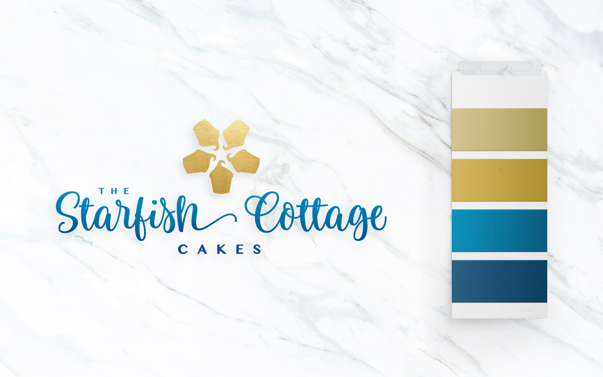 Shown are the color combo of blue and gold for The Starfish Cottage Cake logo and visual identity.