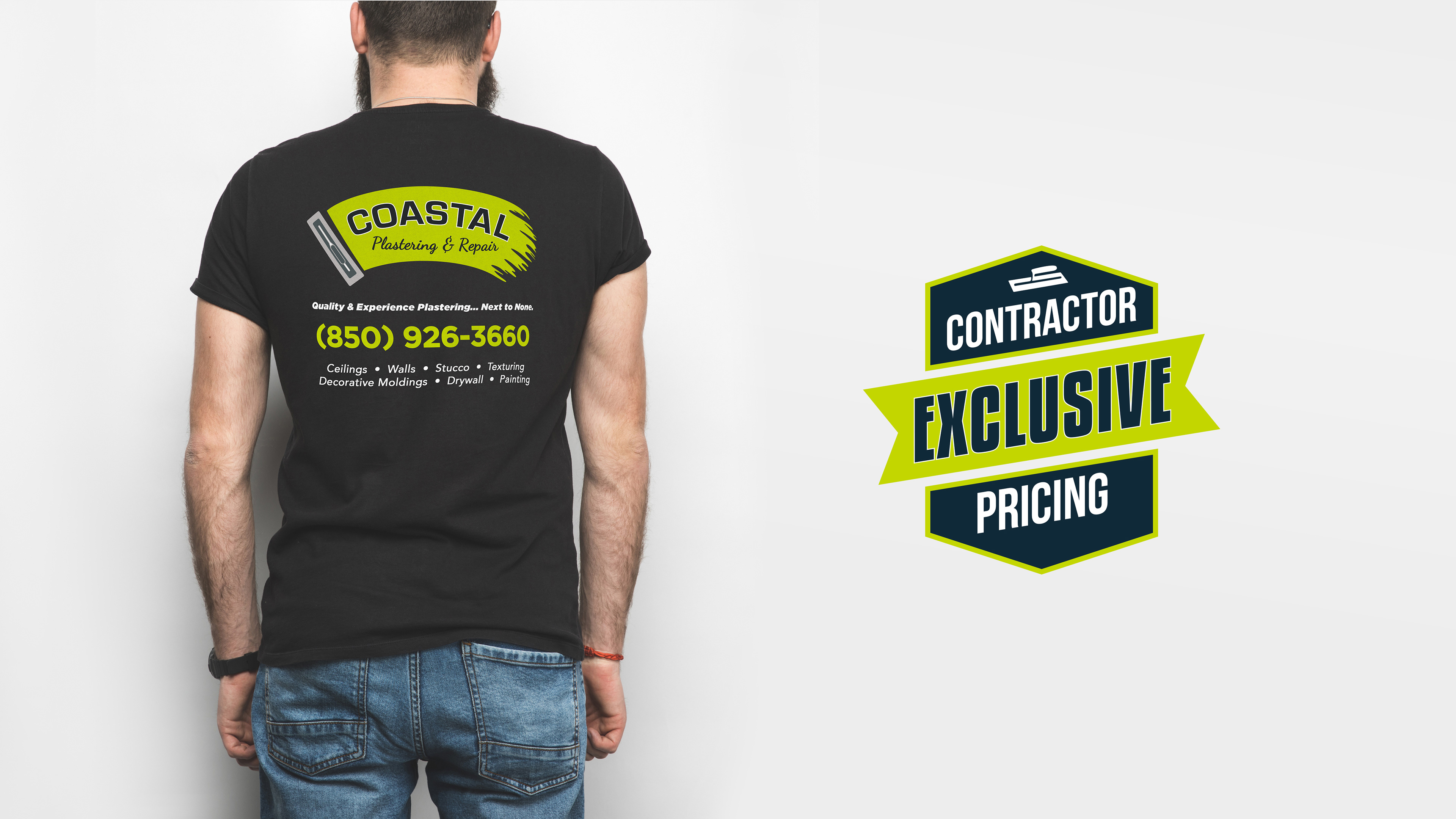 T Shirt design and a contractor pricing badge for Coastal Plastering & Repair.