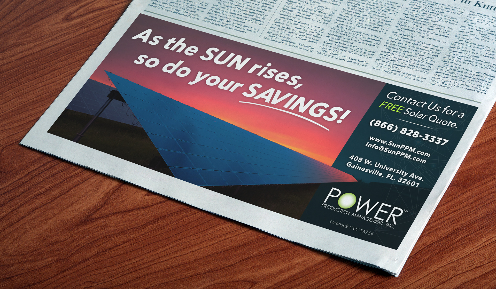 Newspaper advertisement design for a solar energy business