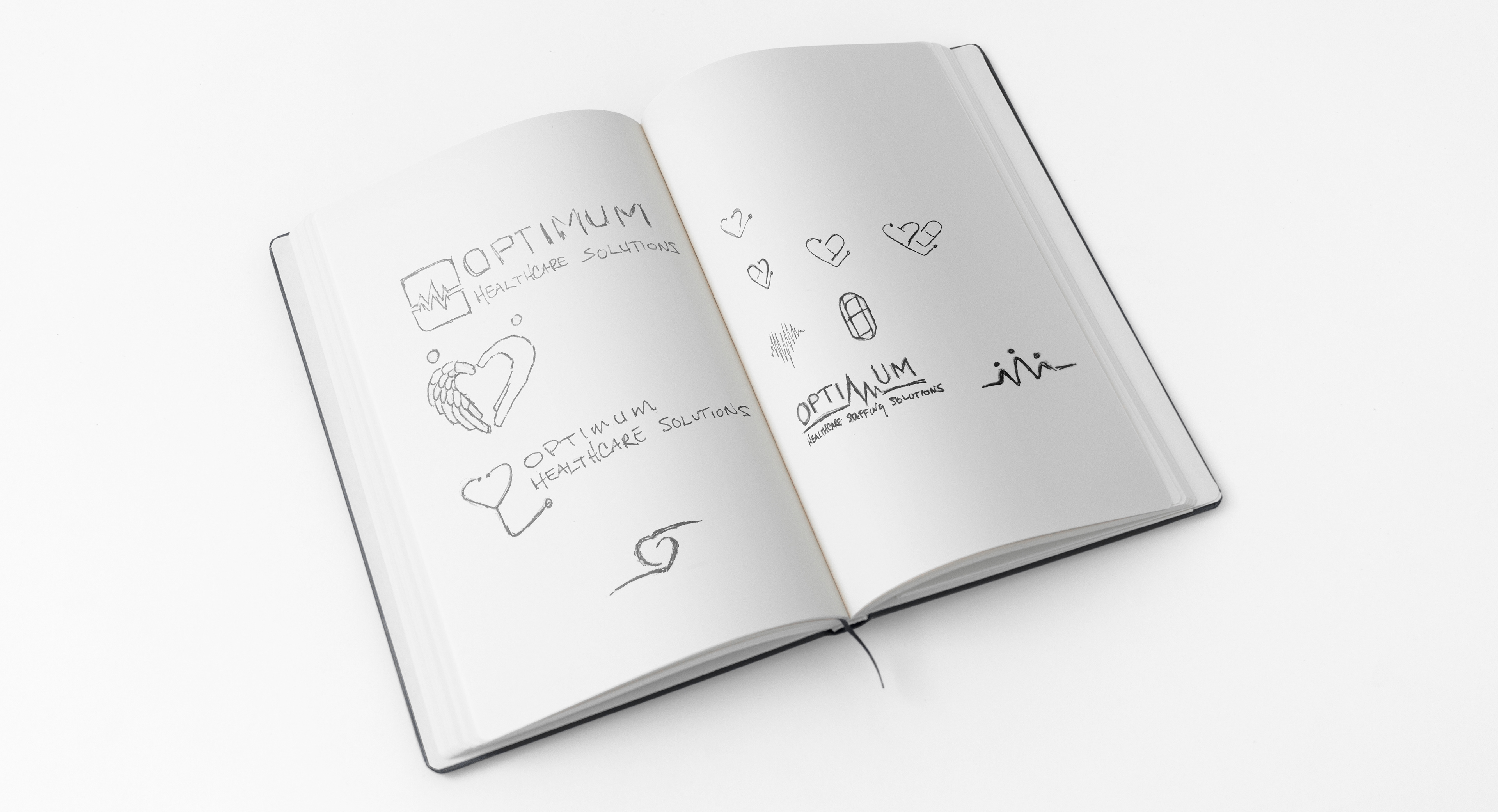 Optimum Healthcare Solutions Sketches for their logo. It shows the different concepts.