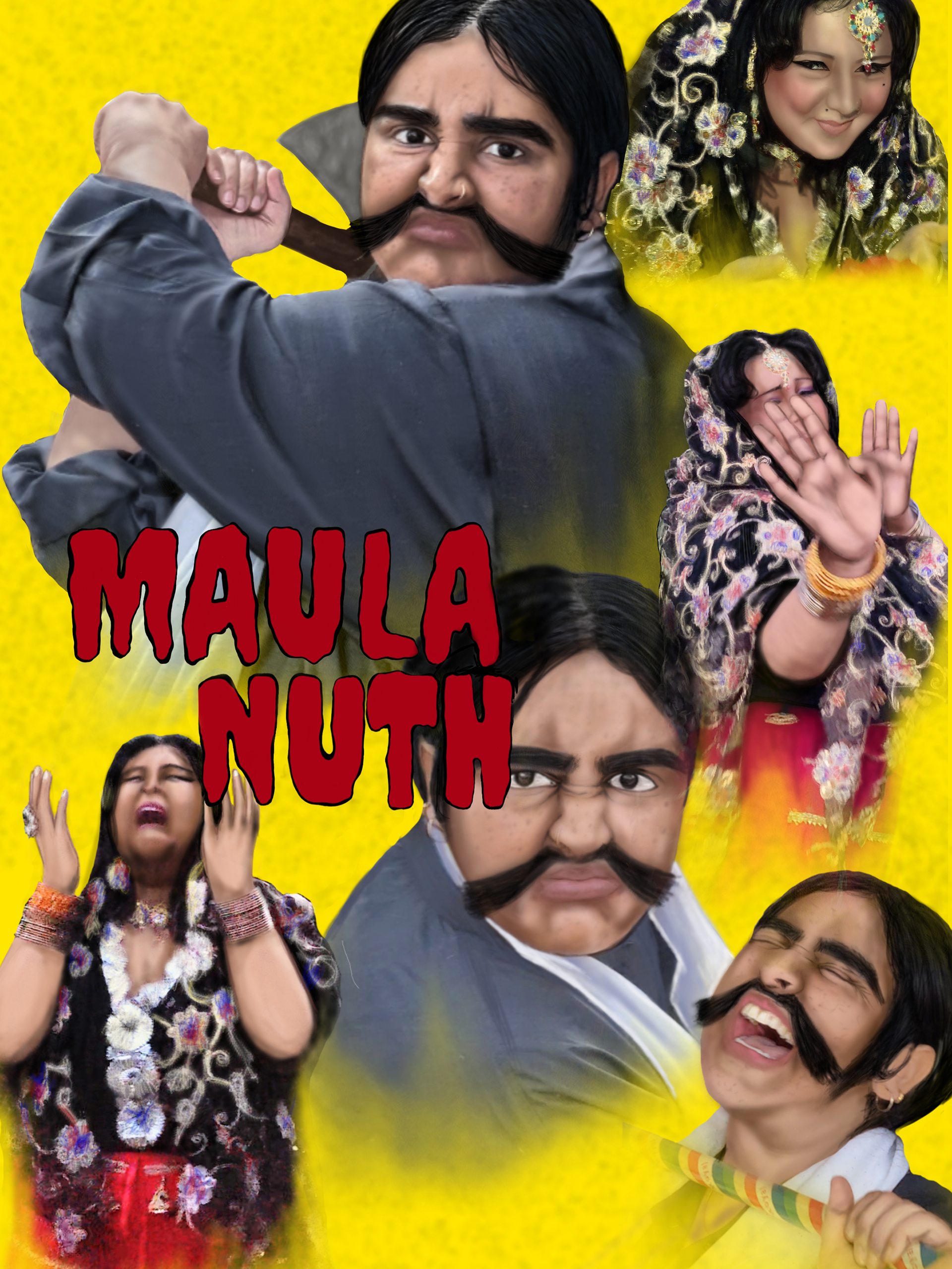 "Maula Nuth" Movie Poster : A digitally drawn film poster, capturing the classic Lollywood style, for a fictional film trailer.