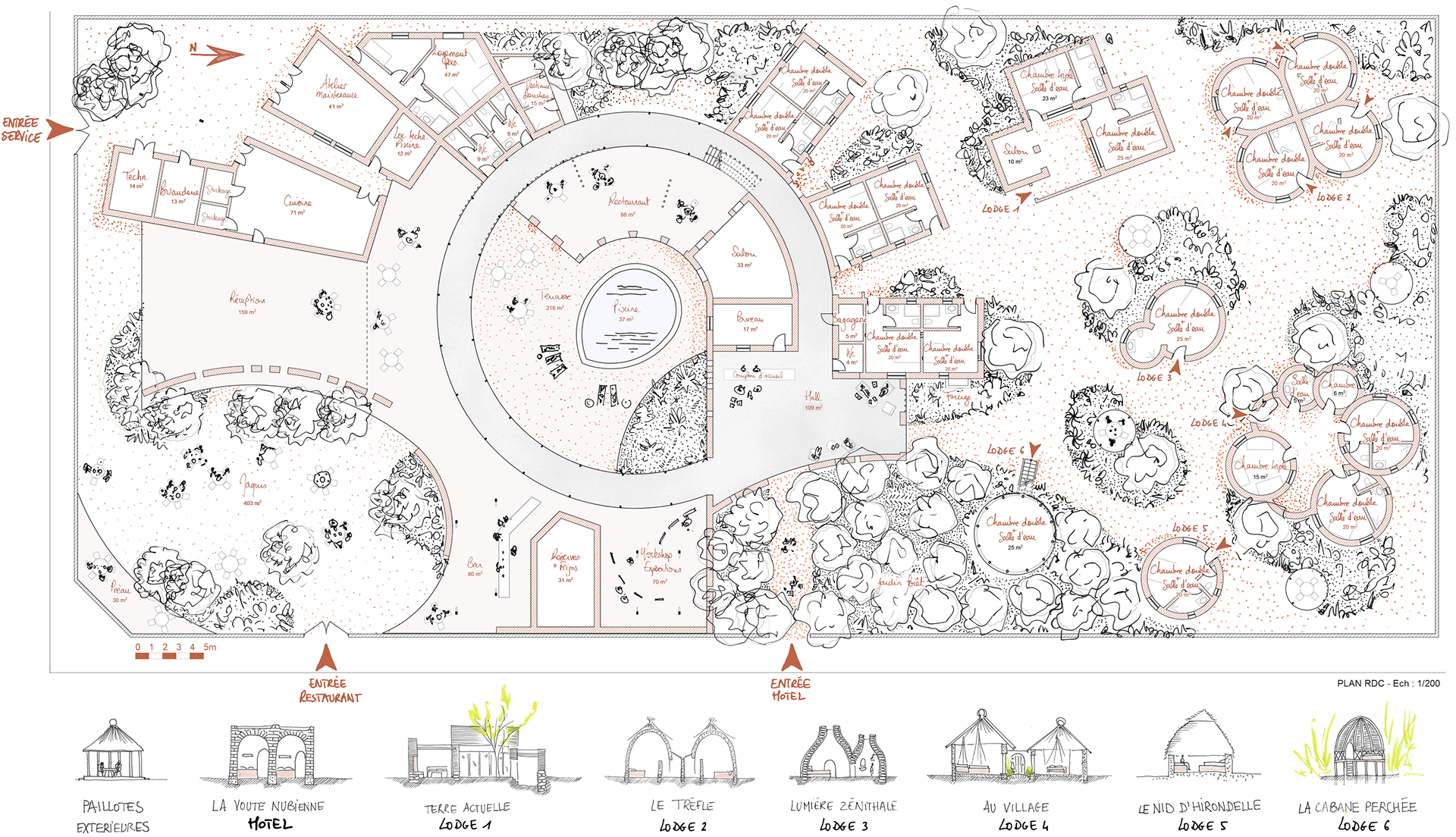 Plan d'ensemble de l'écolieu avec différentes interprétations contemporaines des architectures vernaculaires de chacune des écolodge