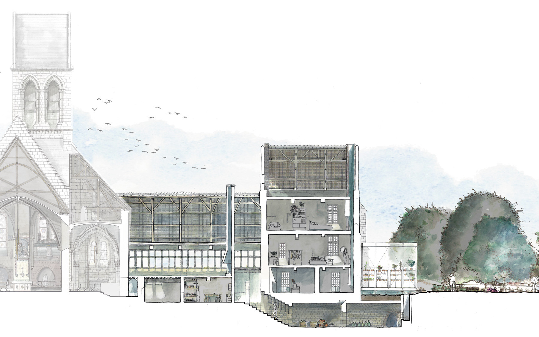 Dessin à la main en coupe du projet de rénovation du prieuré