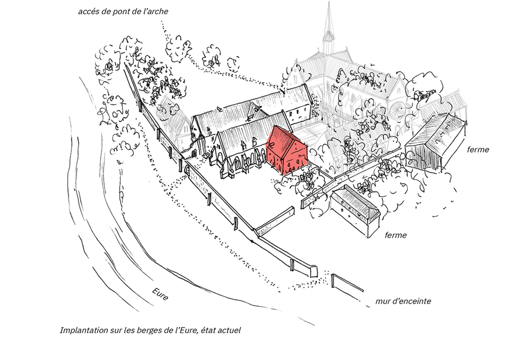 Dessin à la main du projet de restauration de l'Abbaye de Bonport réalisé dans le cadre d'une étude patrimoniale