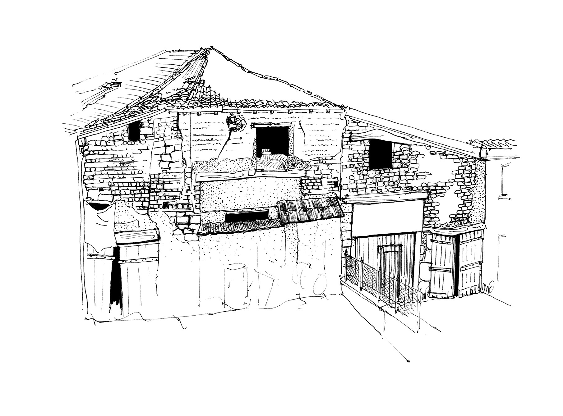 Dessin à la main d'une maison en adobes et en pisé, patrimoine rural de la plaine de la Limagne