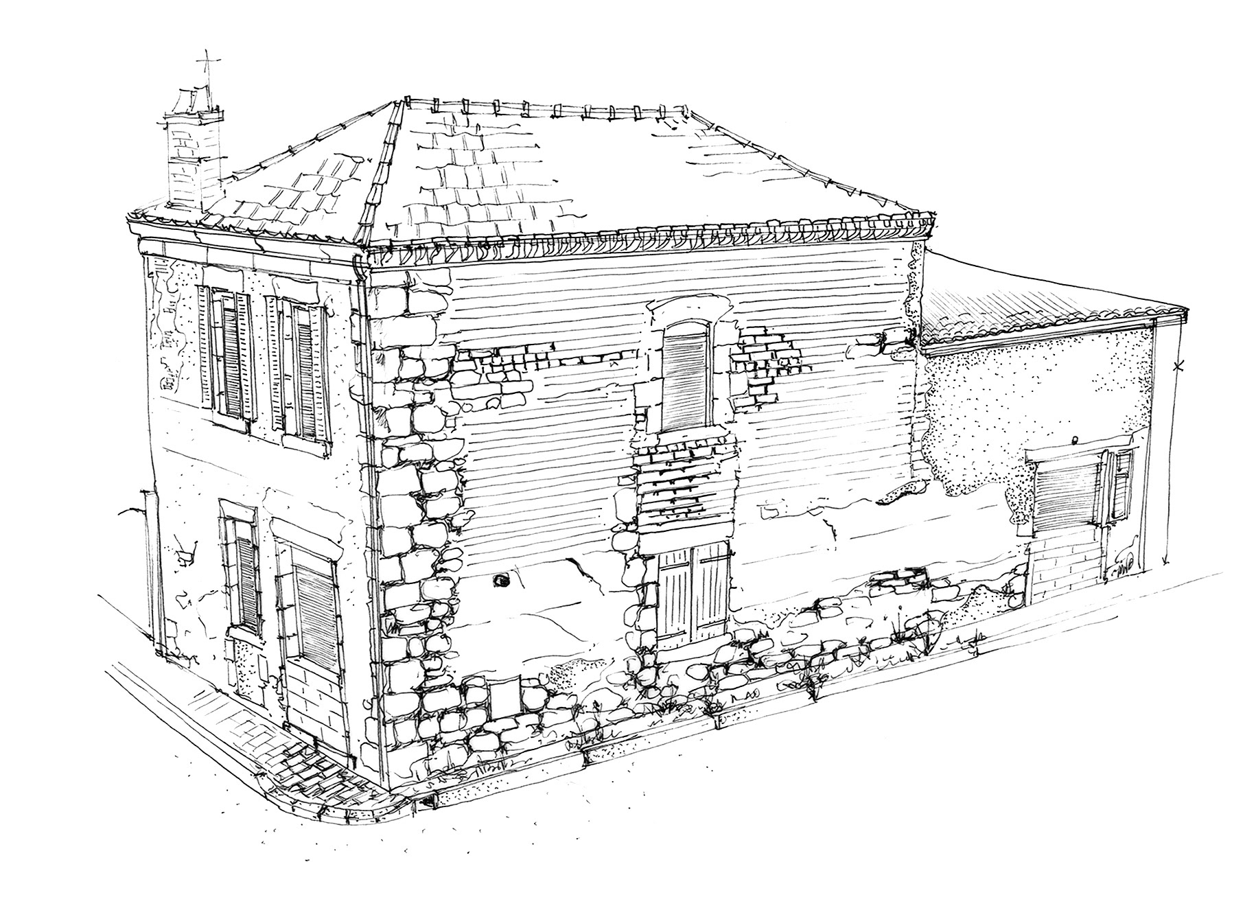 Dessin d'une maison de village dans le cadre d'un inventaire des patrimoines en terre crue dans la plaine de la Limagne