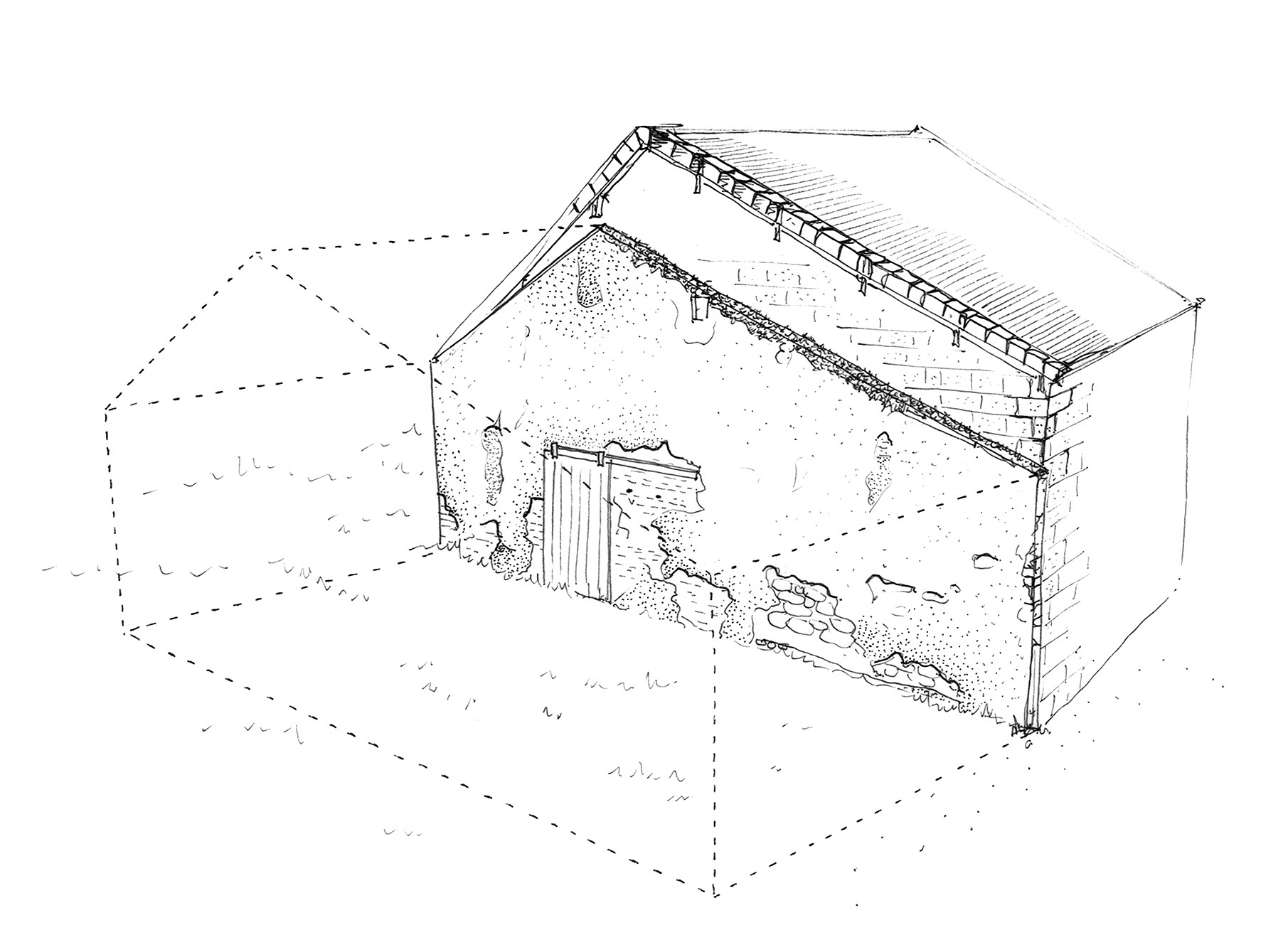 Dessin de patrimoine en terre crue, suggestion d'une partie manquante de l'édifice