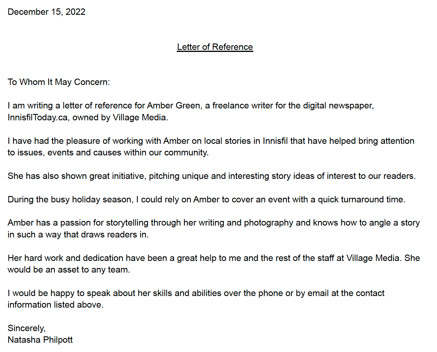 Thank you for your letter of recommendation, Natasha!