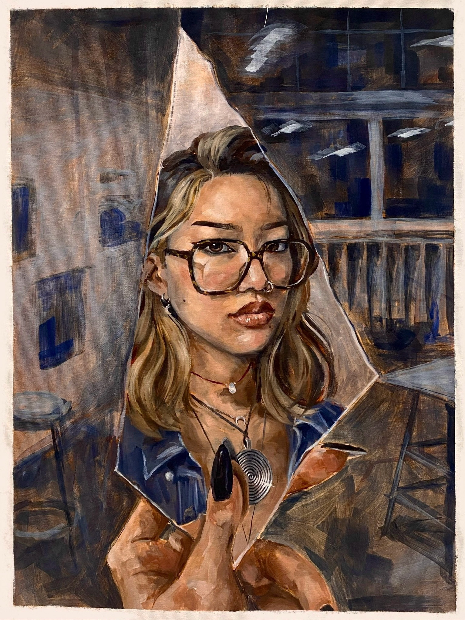 Self portrait from life, February 2024, oil on canvas paper, 24" x 18"