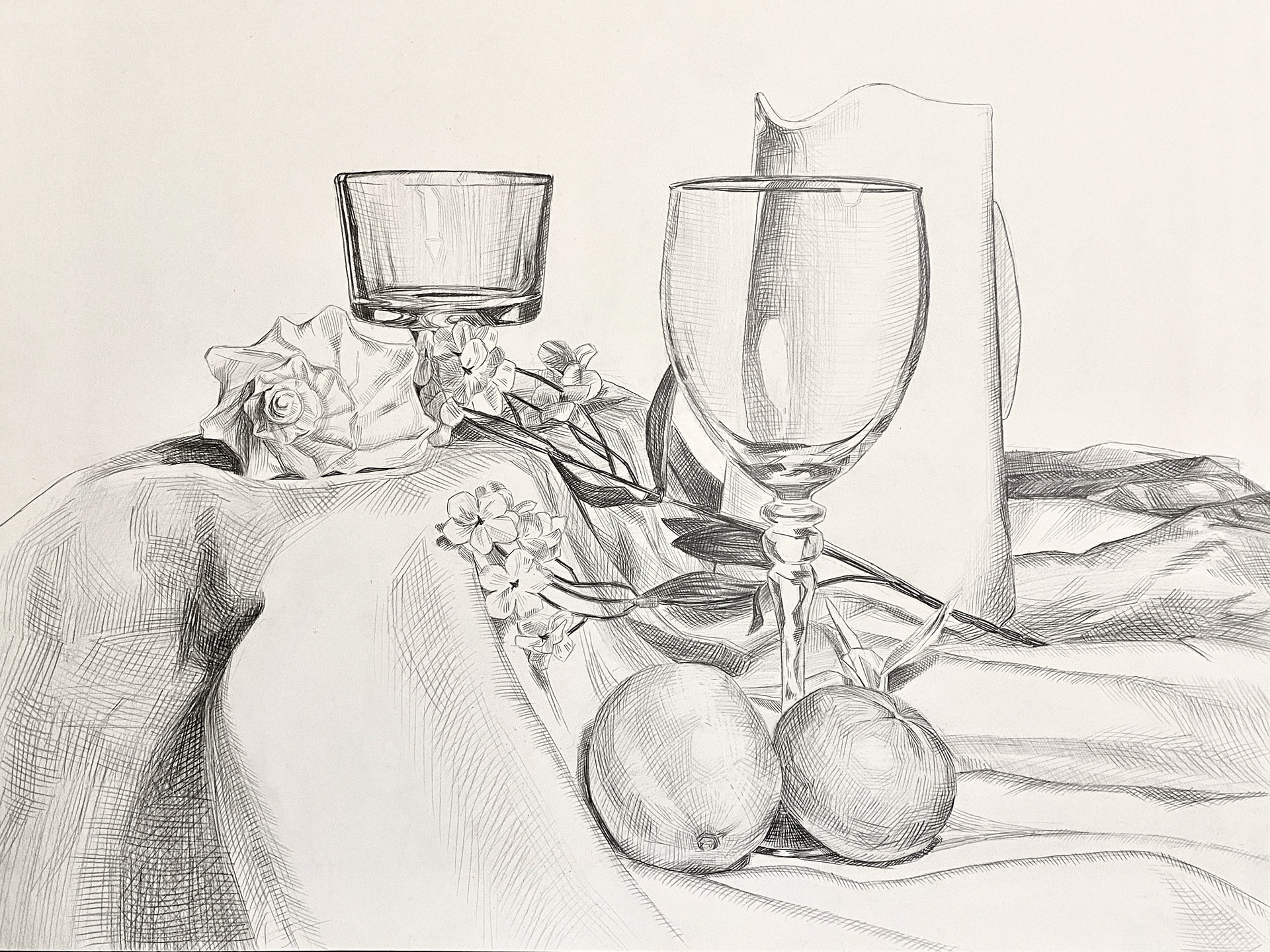 Still life 3, September 2023, graphite on paper, 18" x 24"