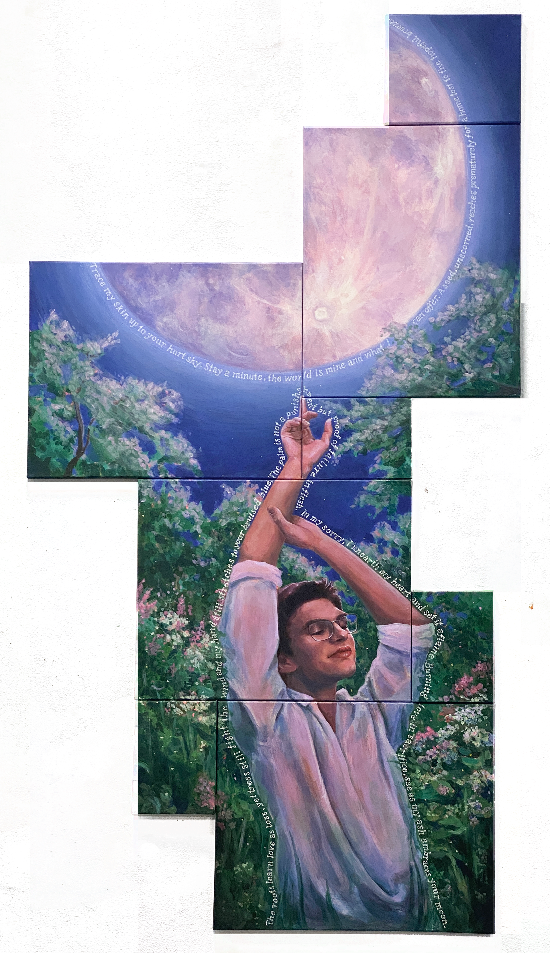 lost to the moon, May 2023, acrylic on canvas, 5'6" x 2'4" Poem by Liam D'Souza-Bohannon
