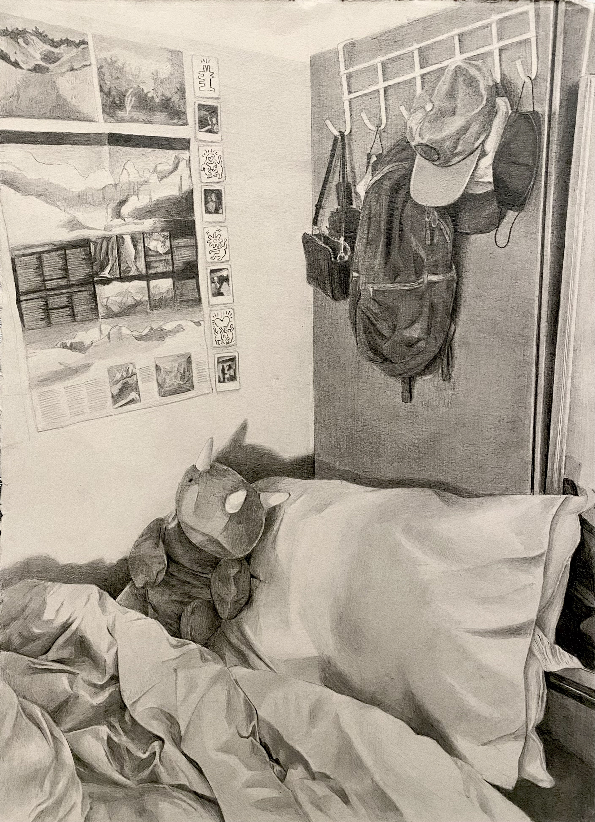 Room corner still life, October 2022, graphite on paper, 15" x 11"