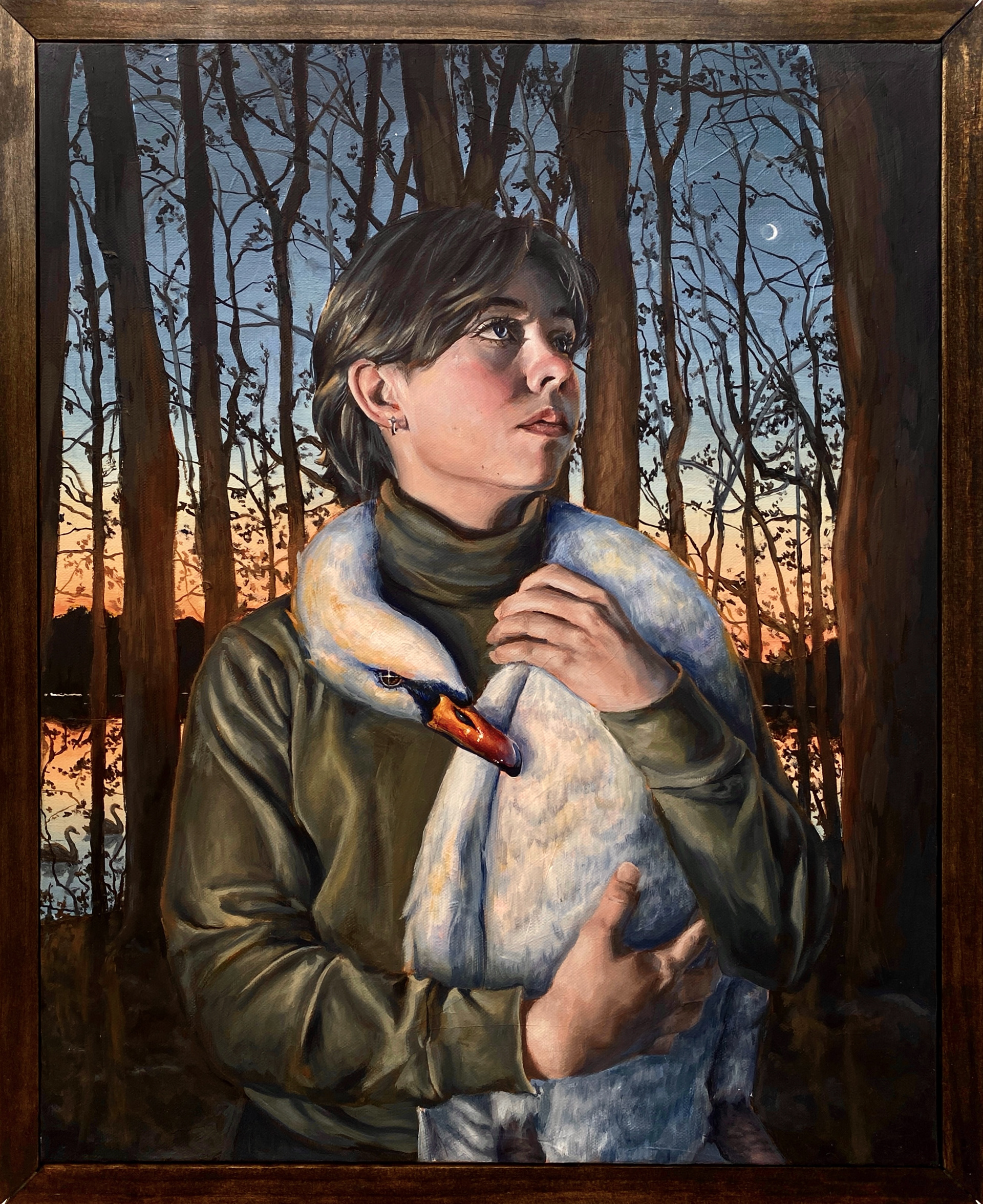 Portrait of a Swan (Self Portrait), January 2024, acrylic and oil on canvas, 20" x 16"