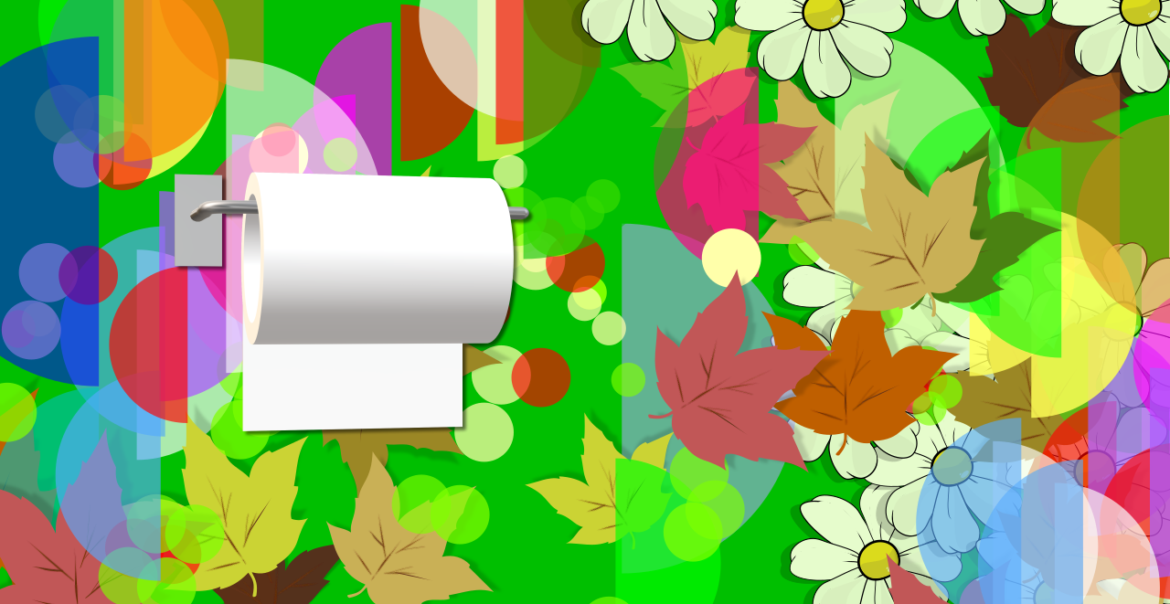 Portapapeles y rollo de papel higiénico con fondo colorido lleno de fuerte contraste compuesto por margaritas, formas geométricas de diversos colores semitransparentes y hojas de árbol secas de distintas tonalidades. Archivo de stock para banco de imágenes #ByTenebroso