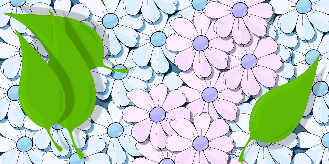 Wallpaper, póster de margaritas en tono rosa y azul pastel, ocupando toda la imagen en combinación con un pequeño grupo de hojas verdes frescas. Estilo fondo de escritorio o de pantalla