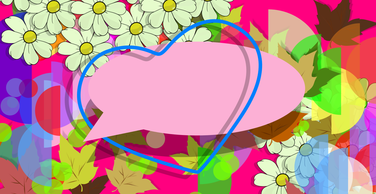 Globo de texto rosa entrelazado con un perfil de corazón azul con posibilidad de insertar logo, diseño o texto. Fondo multicolor repleto de clonaciones de La Margarita Más Hermosas de Internet junto a hojas de árboles de diversas tonalidades y formas geométricas coloridas, círculos y semicírculos semitransparentes