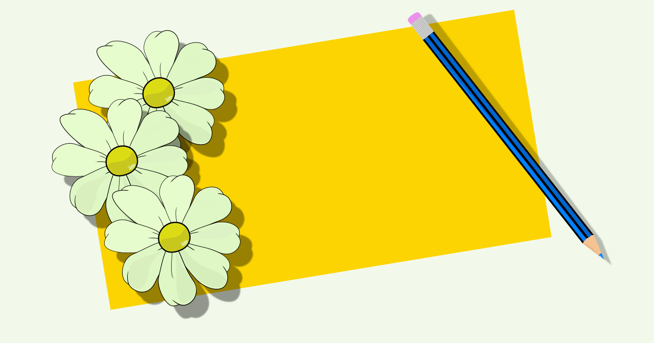 Papel amarillo con espacio y lápiz azul en compañía de tres preciosas margaritas en un lateral. Ilustración para banco de imágenes