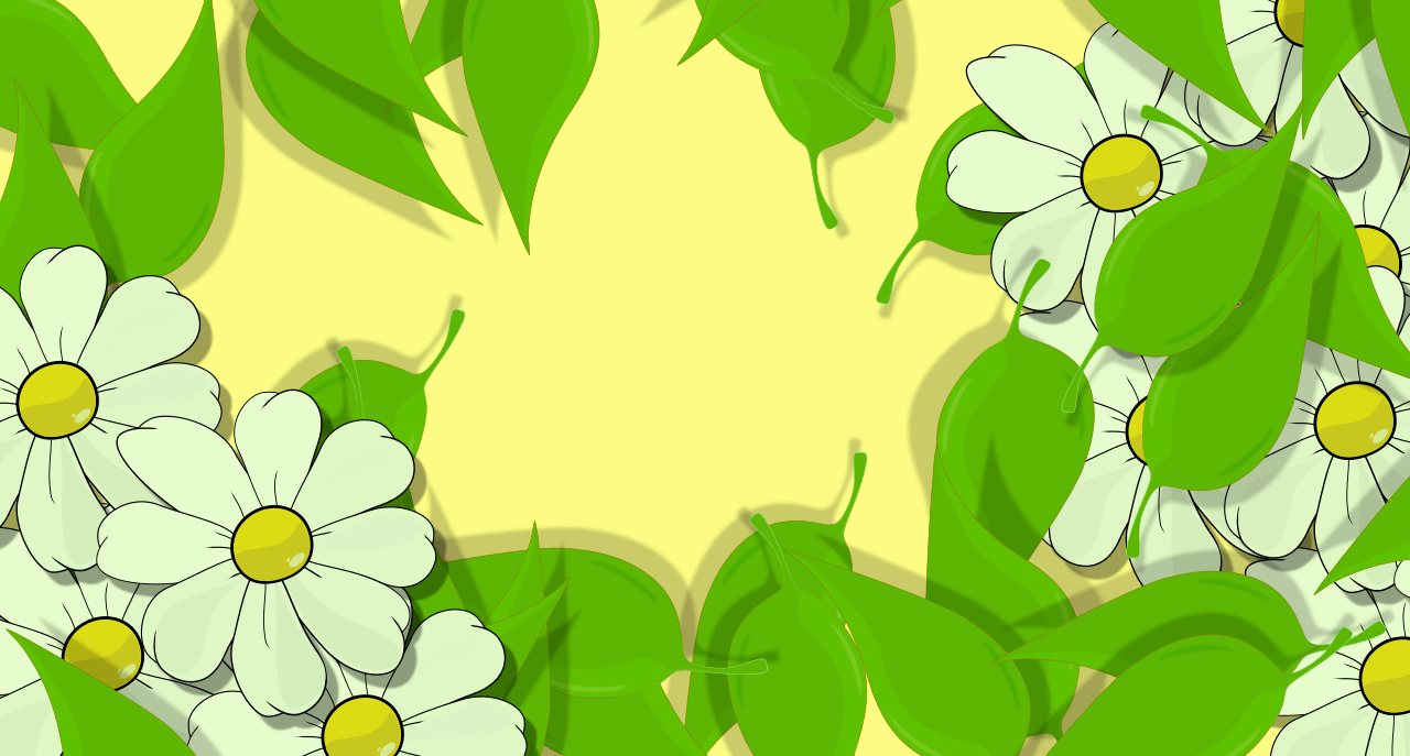 Imagen de la colección de La Margarita Más bella de internet. Grupo de flores y hojas verdes frescas con espacio en el centro de la ilustración. De fondo un cálido y suave amarillo pálido