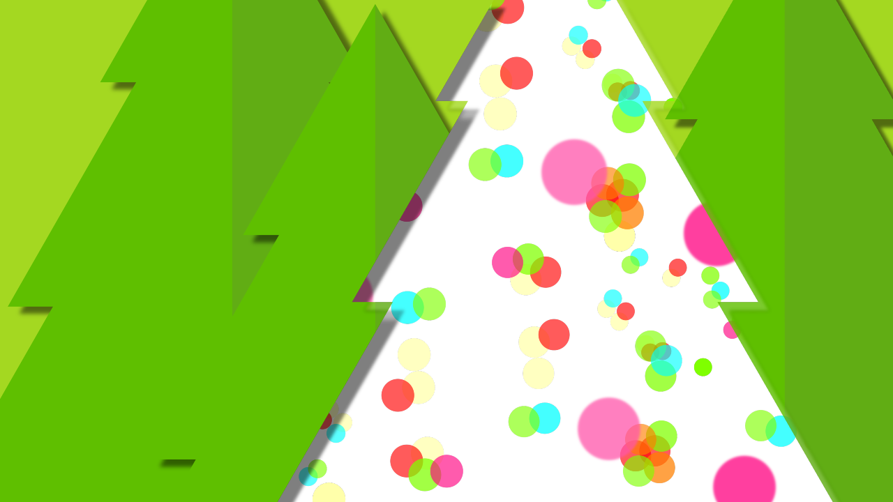 Figuras de árboles típicos de Navidad con efecto de recorte y transparencias sobre fondo de círculos multicolores