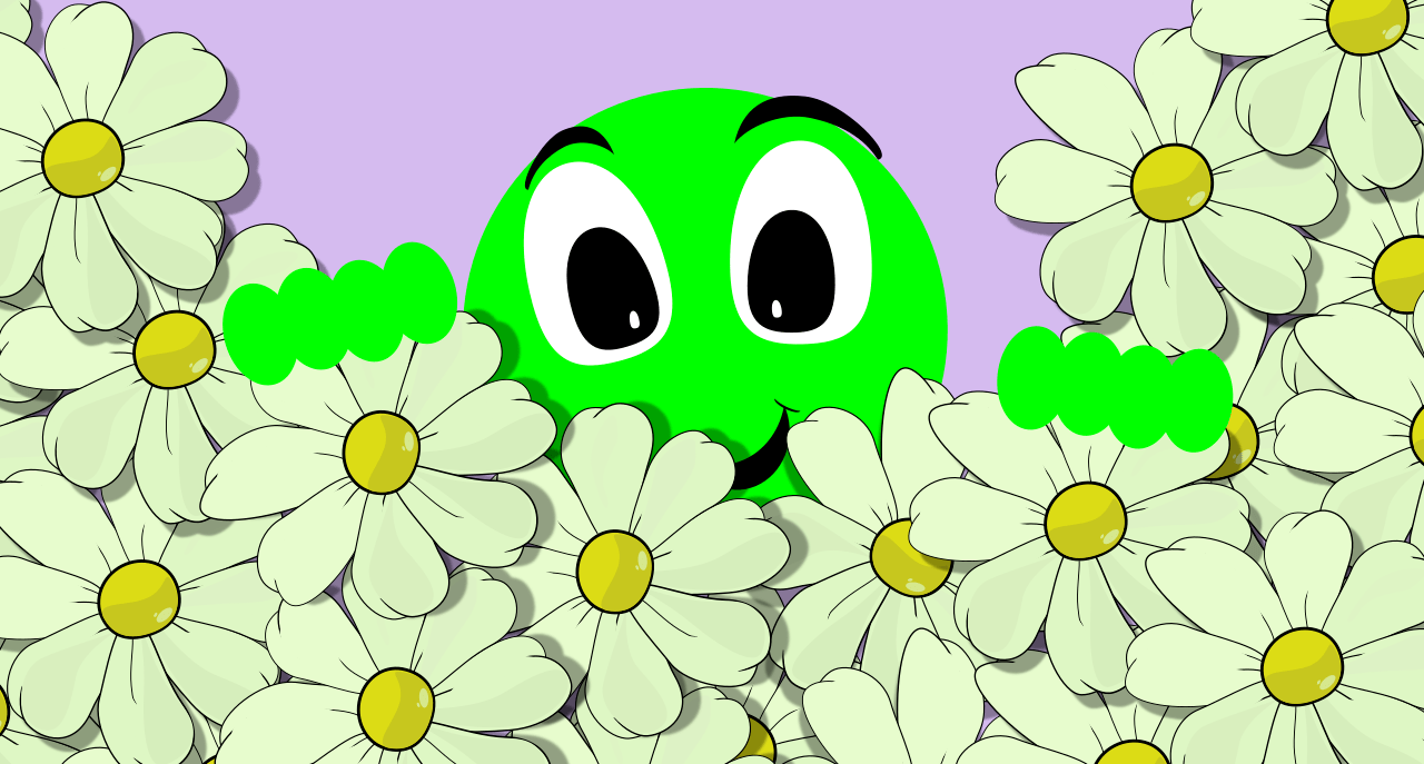 Emoticón verde, TeneGreen. Cara sonriente entre margaritas. Alegría y expresión afable en ilustración de stock by Tenebroso