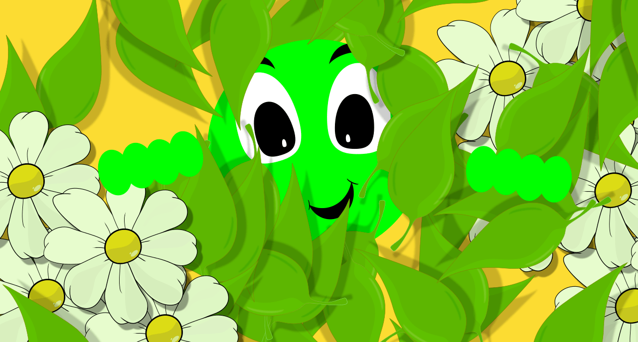 Cara sonriente entre margaritas y hojas verdes frescas. Emoticón verde, TeneGreen. Alegría y dulce expresión en archivo para Banco de Imágenes de stock por #Tenebroso