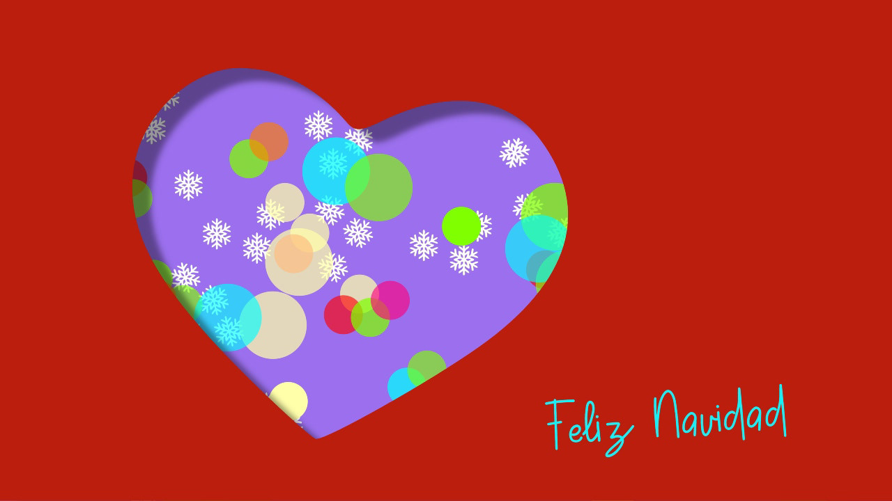 Concreta Felicitación de navidad roja con un gran corazón con efecto de recorte y sombras, copos de nieve y círculos.
