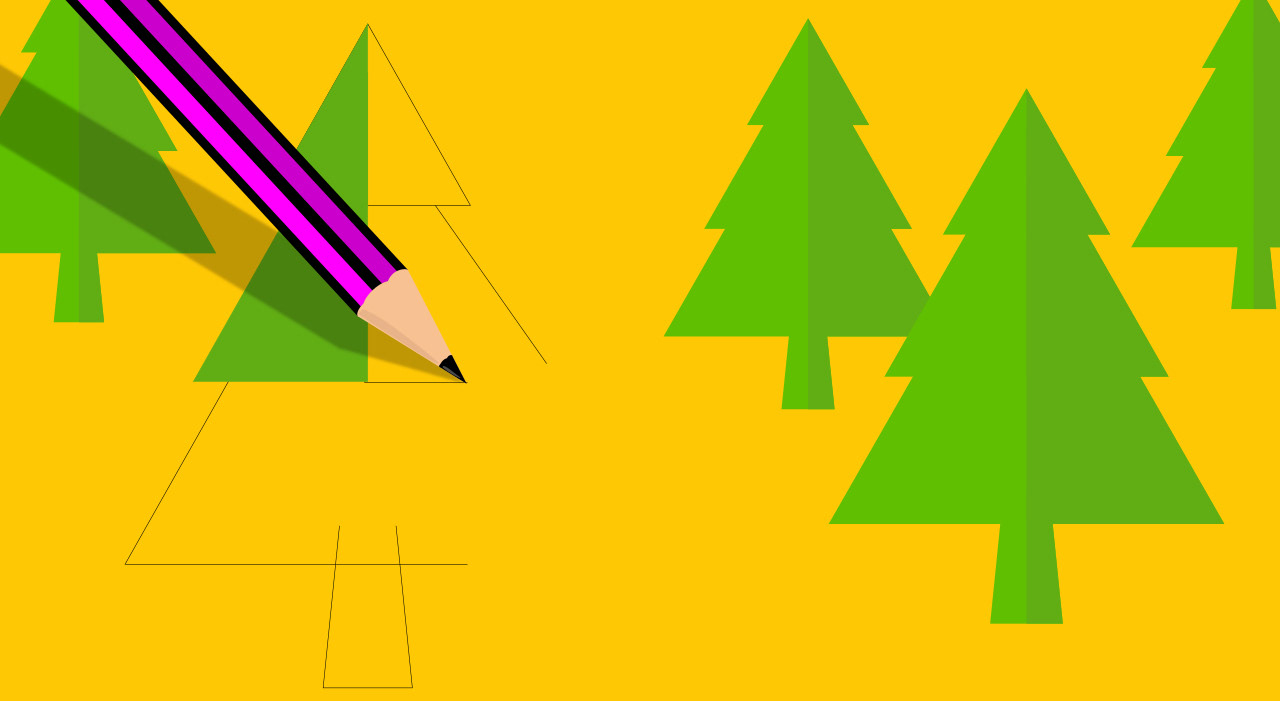 Lápiz pintando pinos navideños sobre fondo amarillo.